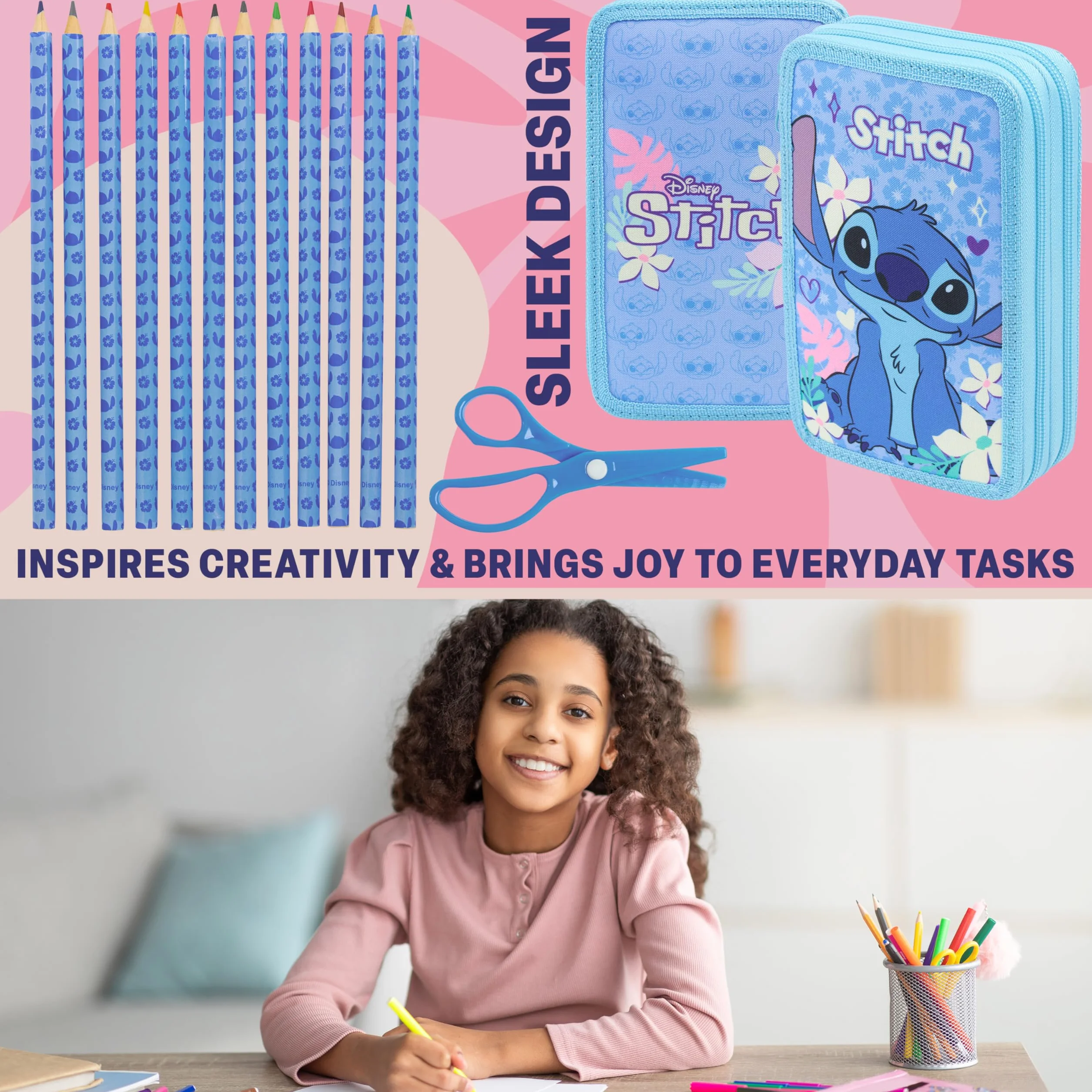 Disney Piórnik Stitch dla dziewczynek, nastolatków, dzieci z 2 przegródkami na kolorki, markery, długopisy, gumki, linijki, szkoła, artykuły szkolne, prezenty dla dziewczynek (Niebieski Stitch)