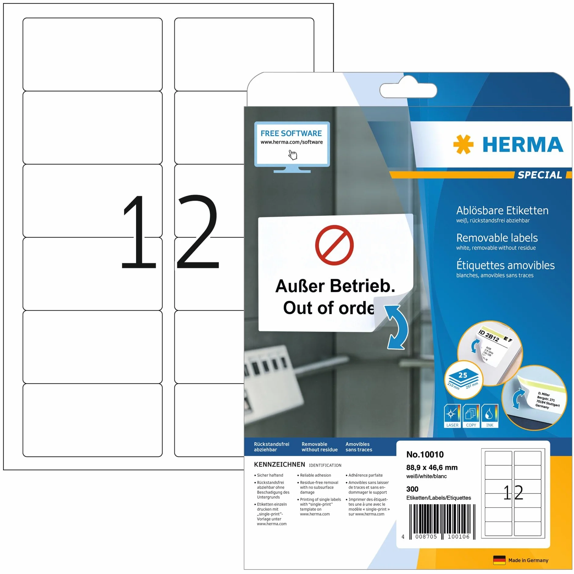HERMA samoprzylepne usuwalne, wielofunkcyjne etykiety, 12 etykiet na arkusz A4, 300 etykiet do drukarek, duże, 88,9 x 46,6 mm (10010)