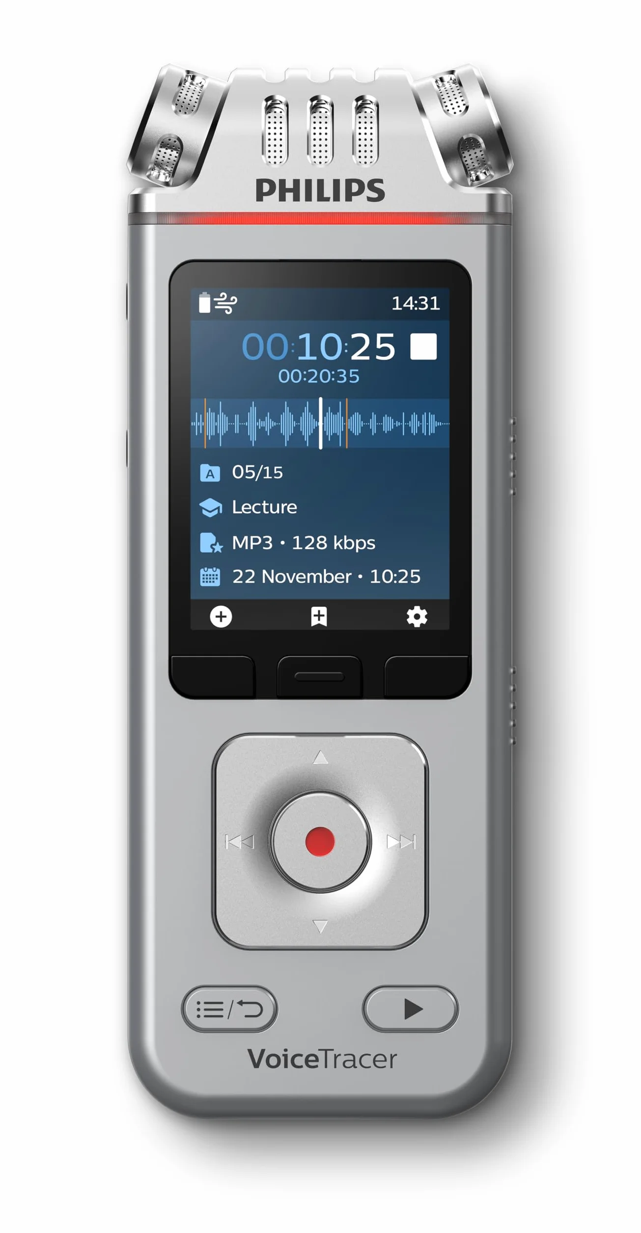 Philips VoiceTracer DVT4115 dyktafon, nagrywarka, 8 GB, MP3 i PCM, 3 mikrofi HiFi. Sembly KI rozpoznawanie mowy, tworzenie streszczeń, protokołów sesji i to-DOS
