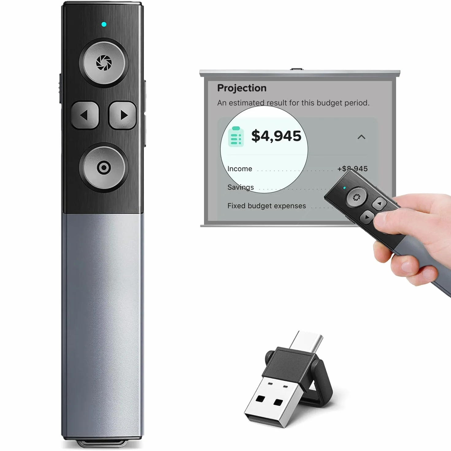 Cyfrowy pilot do prezentacji ze stopu aluminium z podświetlającą lupą, timer myszy powietrznej, USB/typ C, 2 w 1, ładowalny, bezprzewodowy prezenter, Powerpoint Clicker do ekranu telewizora LED LCD