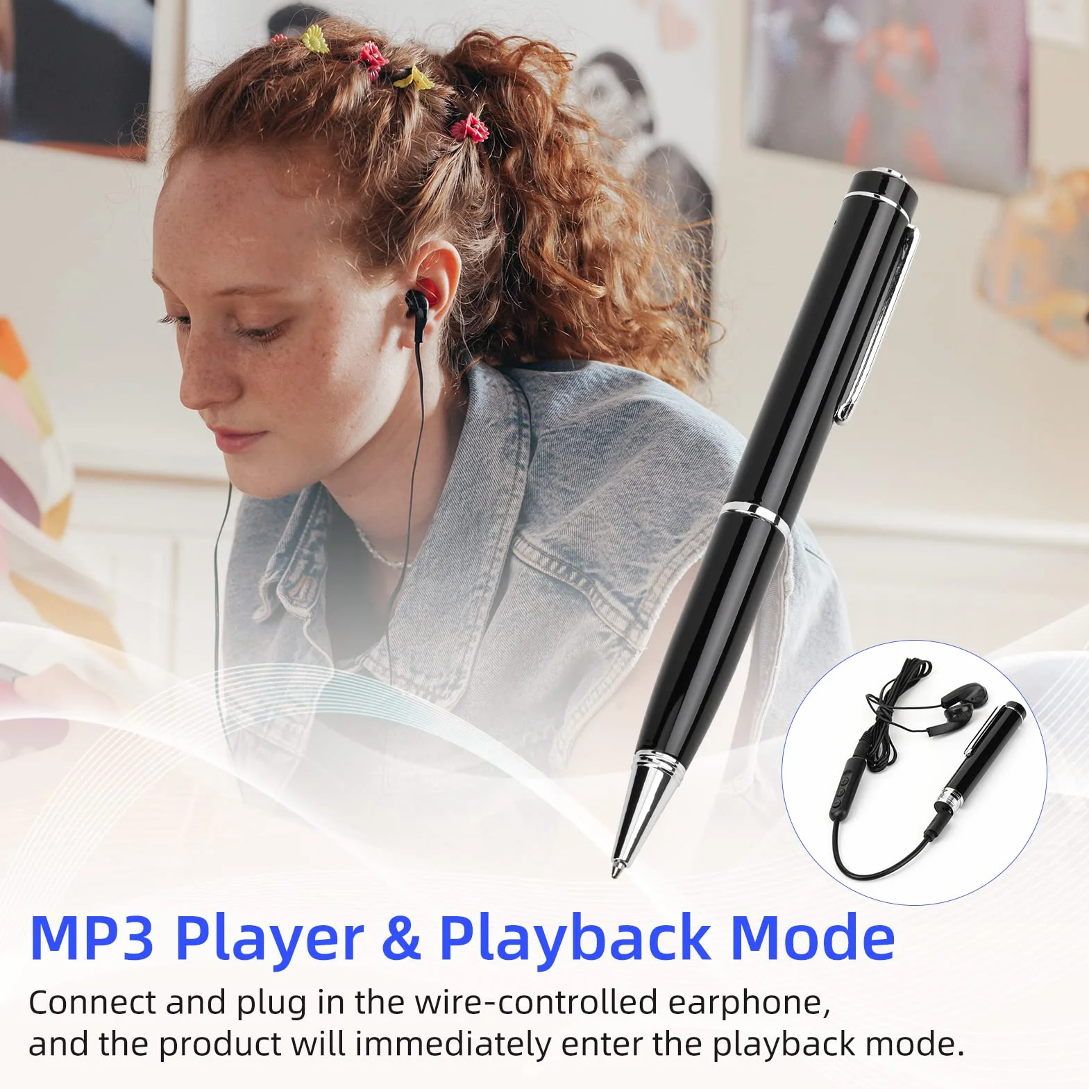 Dyktafon cyfrowy, cyfrowy dyktafon, pióro, aktywowany dźwiękiem, dyktafon, profesjonalny odtwarzacz muzyczny z kablem USB, zatyczka do uszu, do wykładu, spotkania, wywiadu