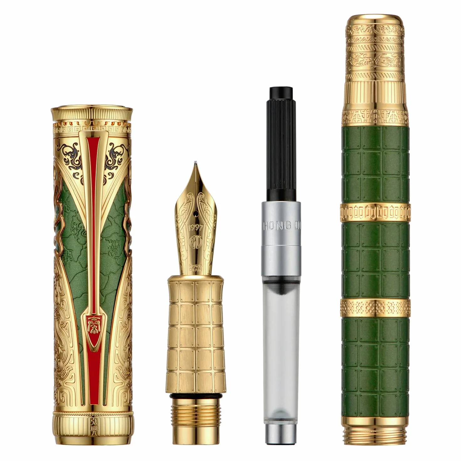 Hongdian D5X Pióro wieczne retro zielone dynastia Qin chiński totem bardzo cienka stalówka z konwerterem