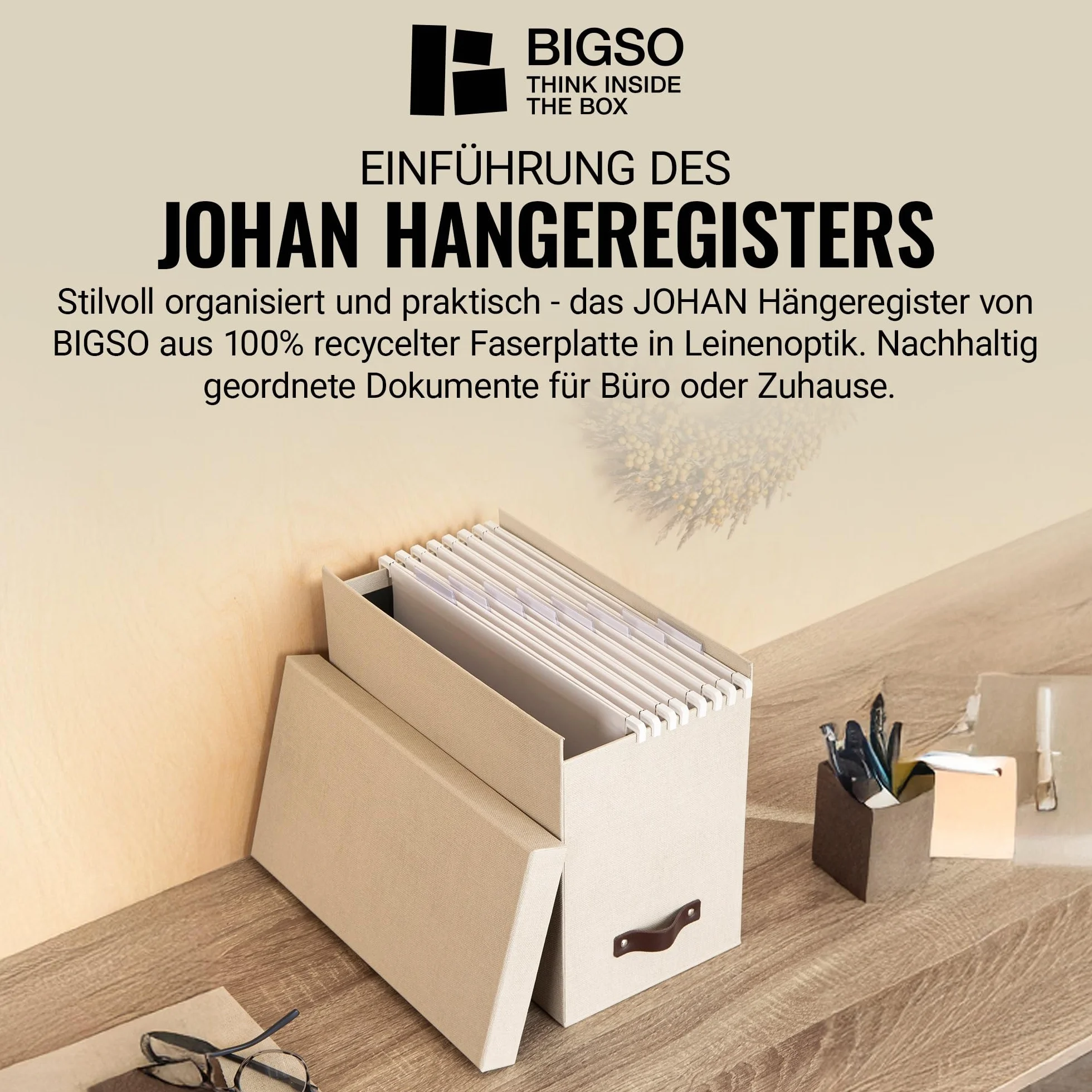 BIGSO BOX OF SWEDEN JOHAN Pudełko na dokumenty z pokrywką 8 skoroszytów płyta pilśniowa papier len