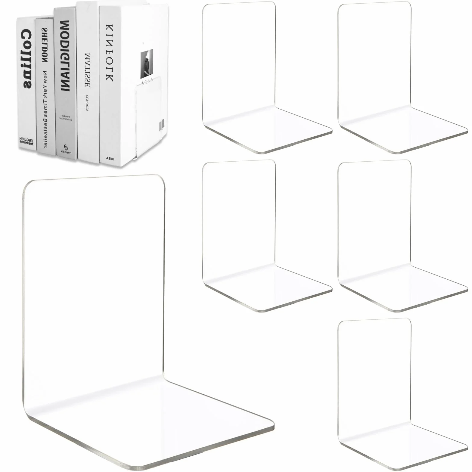 ASelected przezroczyste akrylowe podpórki na książki 13 x 10 x 10 cm, 6 sztuk
