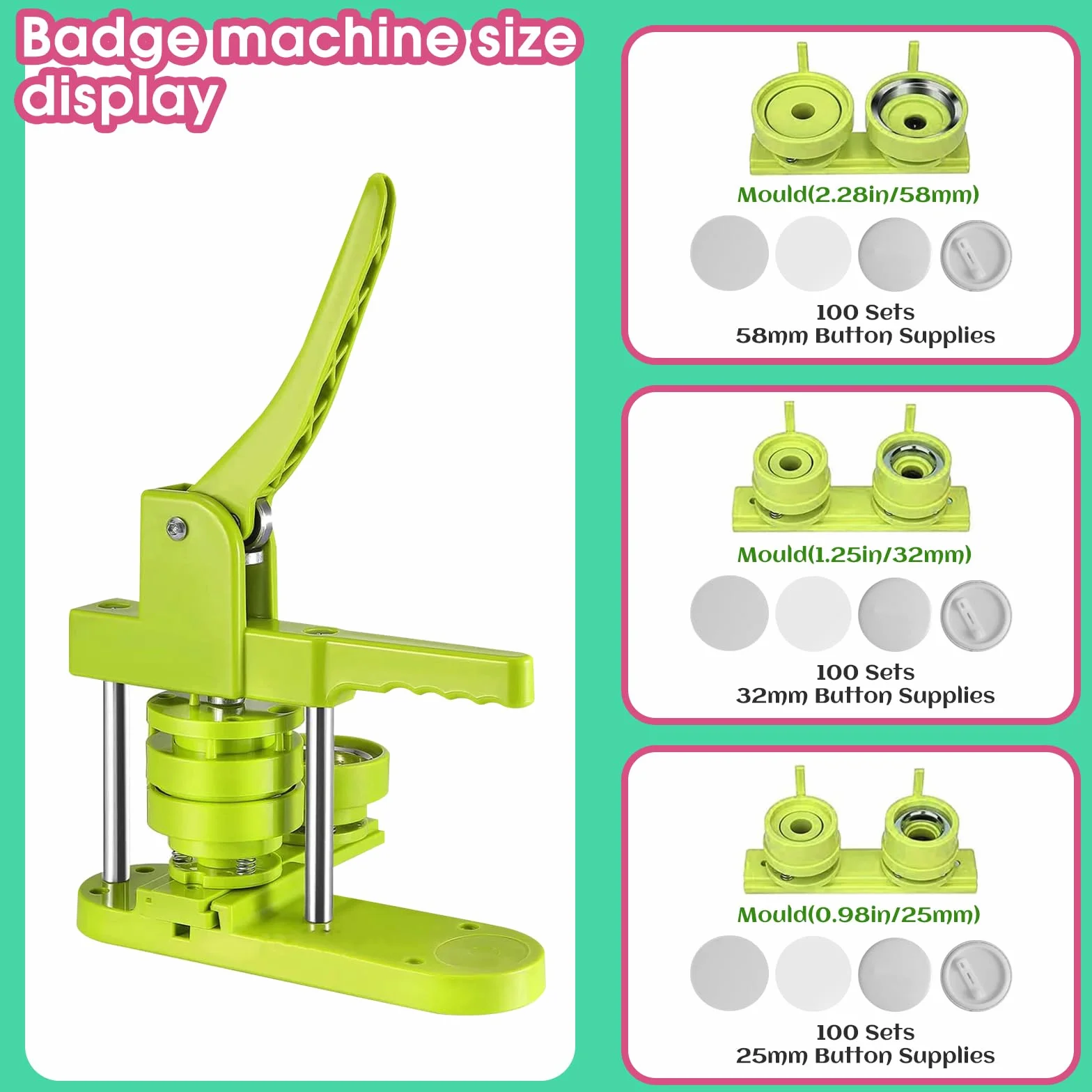 Maszyna do robienia przypinek DIY 25 mm 32 mm 58 mm 300 szt. części guzików zielona