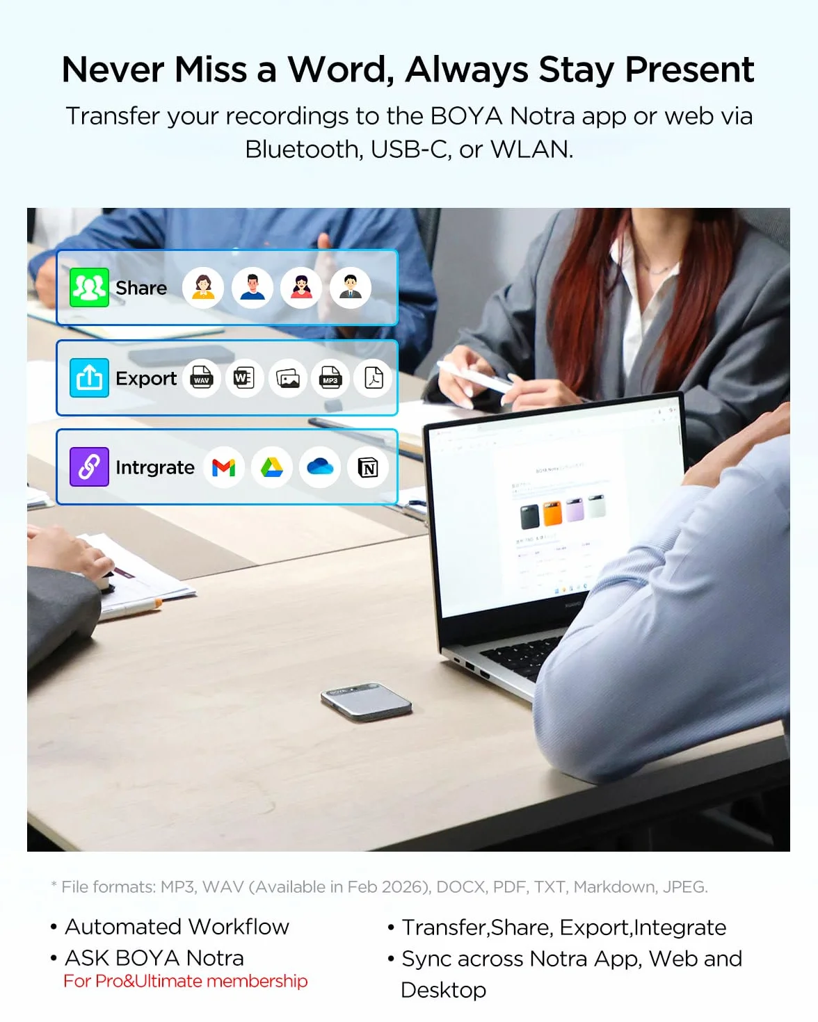 BOYA Dyktafon Notra AI, atmosfera/rozmowy telefoniczne/przechwytywanie Bluetooth, transkrypcja AI i inteligentne podsumowanie, obsługa ponad 140 języków, 64 GB pamięci, magnetyczny organizer notatek