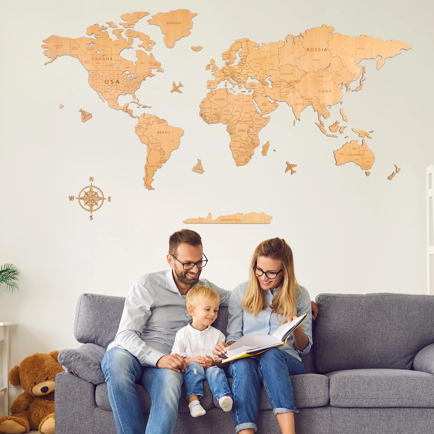 Creawoo Mapa Mundi Duża drewniana ściana Mapamundi z naturalnego drewna dekoracja ścienna do salonu biurowego, sypialni -200x114 CM Mapamundi Art Wall Decor