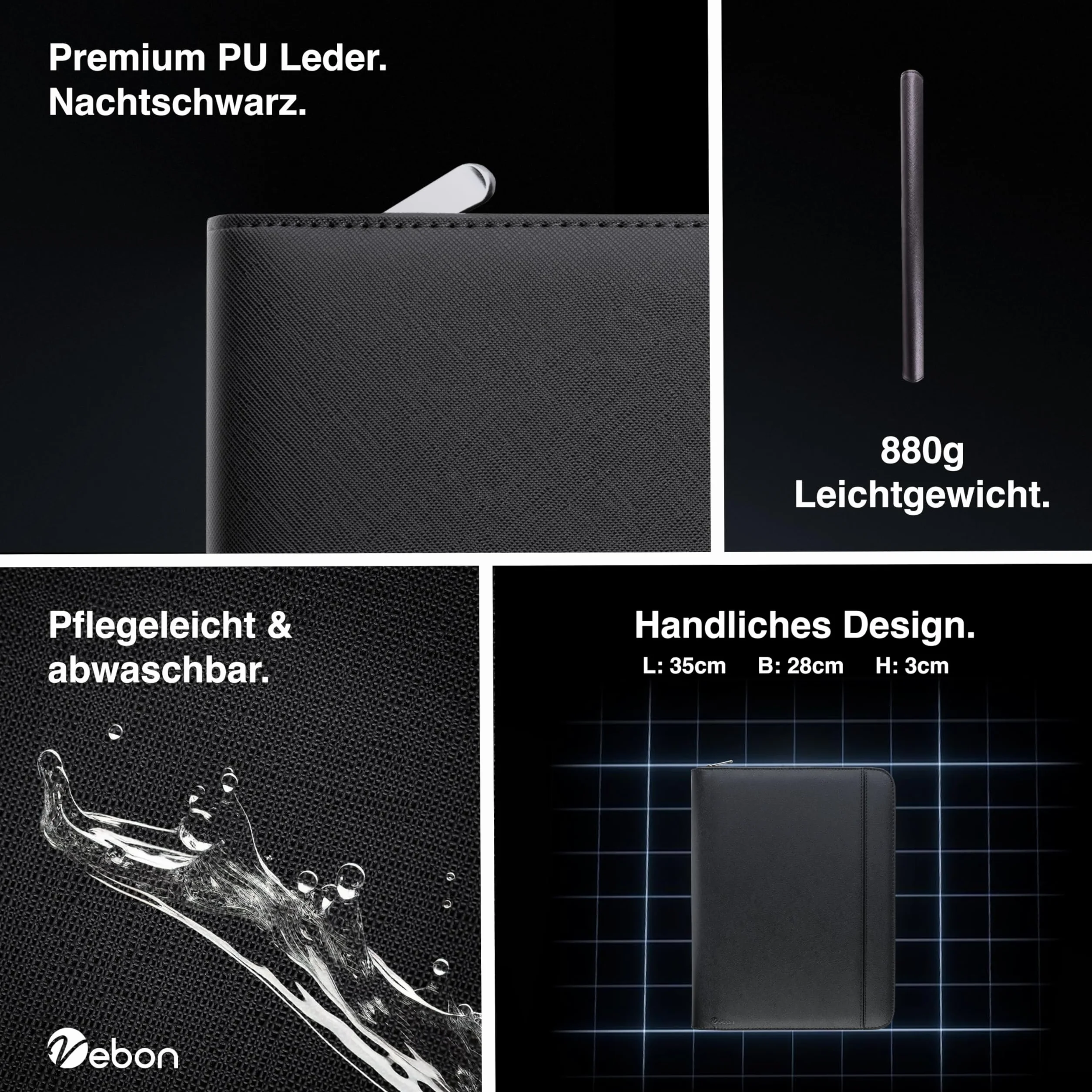 Vebon® Segregator pierścieniowy w formacie A4 "Paryż", zamek błyskawiczny + teczka + kieszeń na laptopa, dodatkowe miejsce do przechowywania, skóra PU, kolor czarny