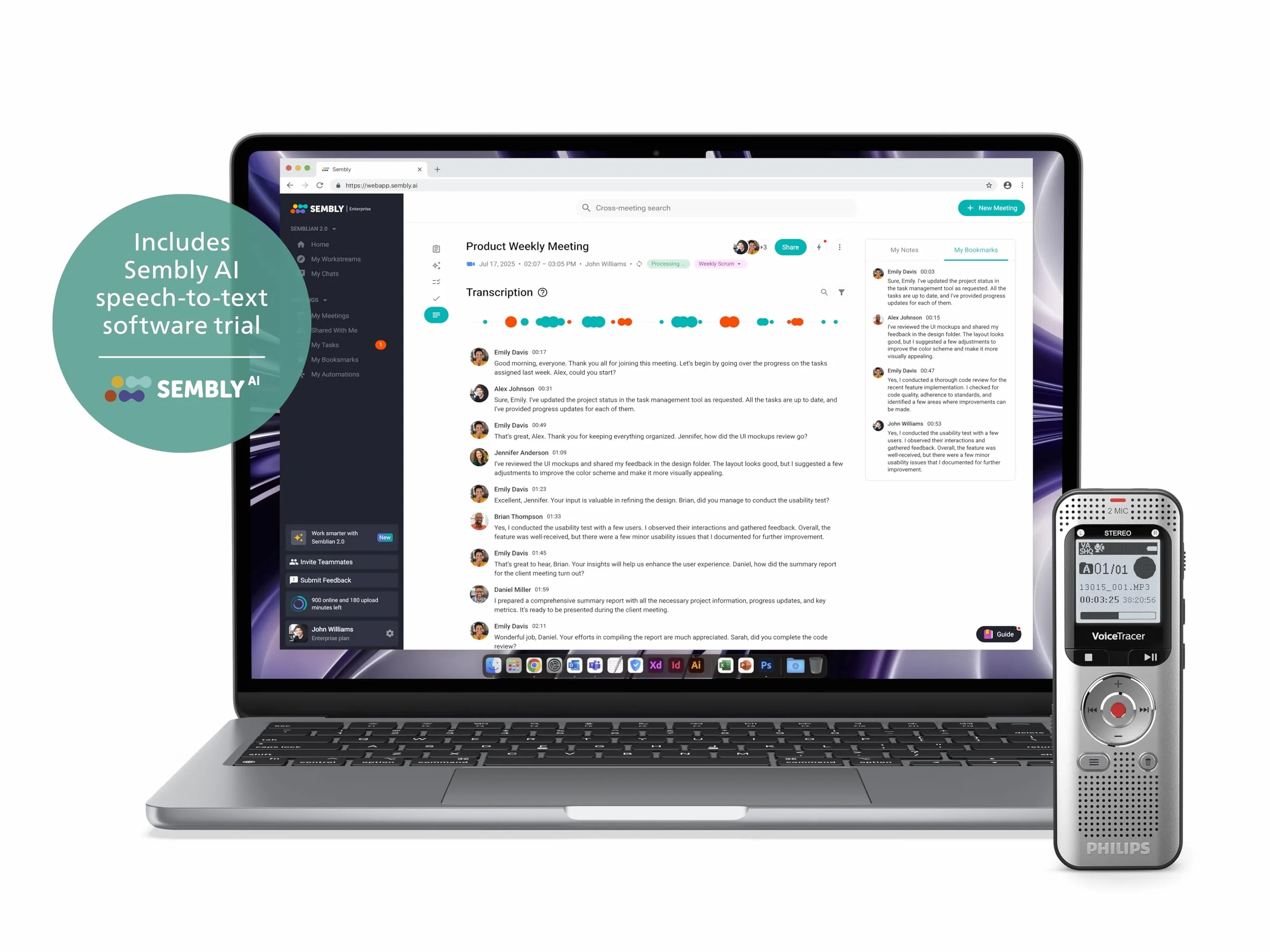 Philips DVT2015 VoiceTracer, dyktafon, nagrywarka, MP3, HiFi stereo, w zestawie licencja testowa Sembly AI: transkrypcja i podsumowania sztucznej inteligencji