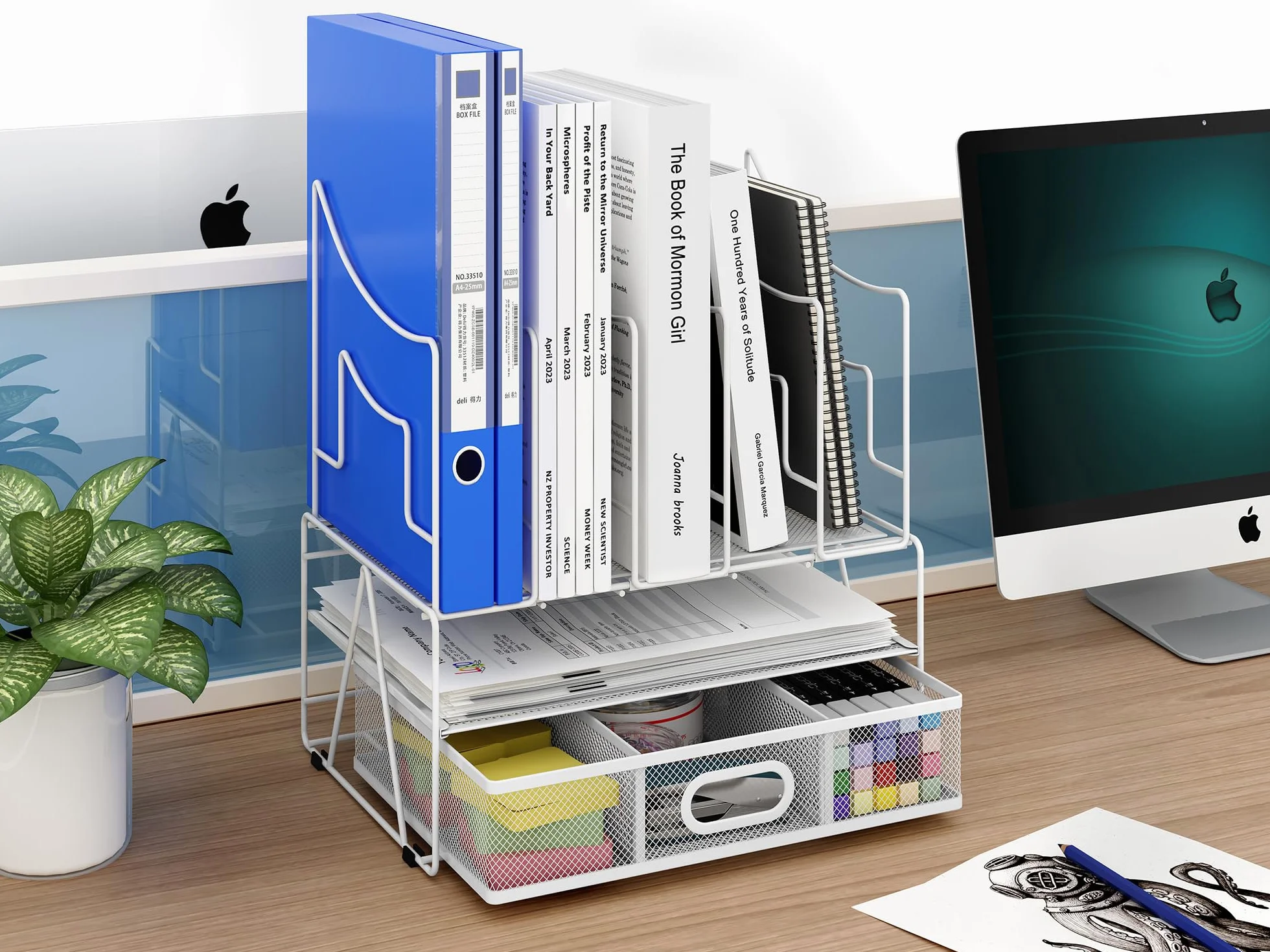 EasyPAG Stojak na Dokumenty A4 Metal 7 Przedziały,Półki na Foldery,Segregator Stojący,Taca na Czasopisma,Organizer na Biurko,Półka na Listy do Domu & Biura,Biały