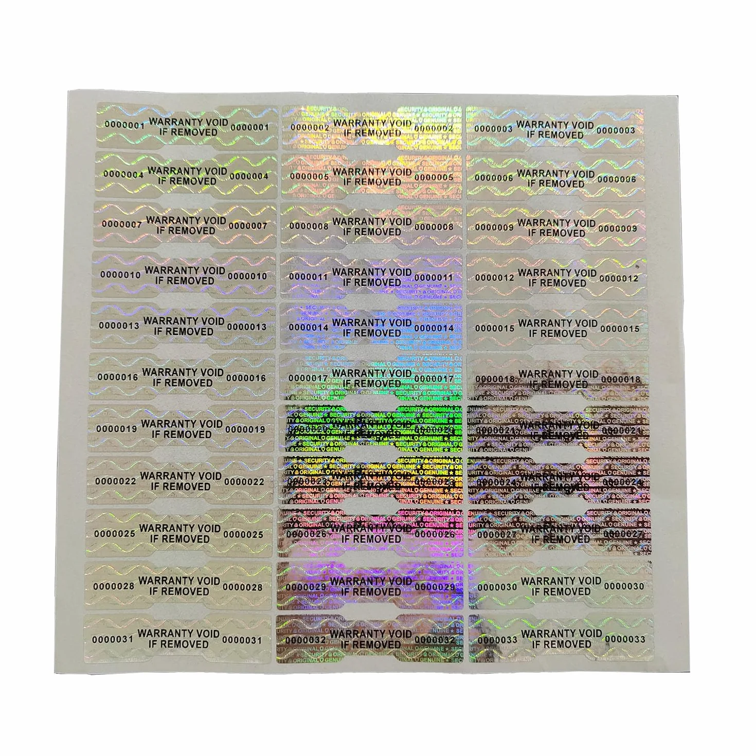 Naklejki hologramowe zabezpieczające 12,7x50mm 330szt. Srebrne etykiety plomby