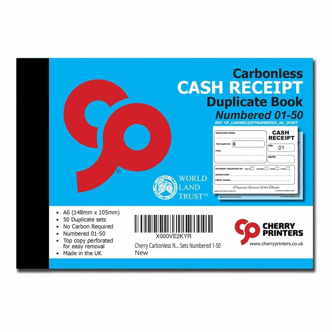 Cherry Carbonless NCR Cash Receipt Book Duplicate A6 50 Ponumerowanych Zestaw 2 Sztuki