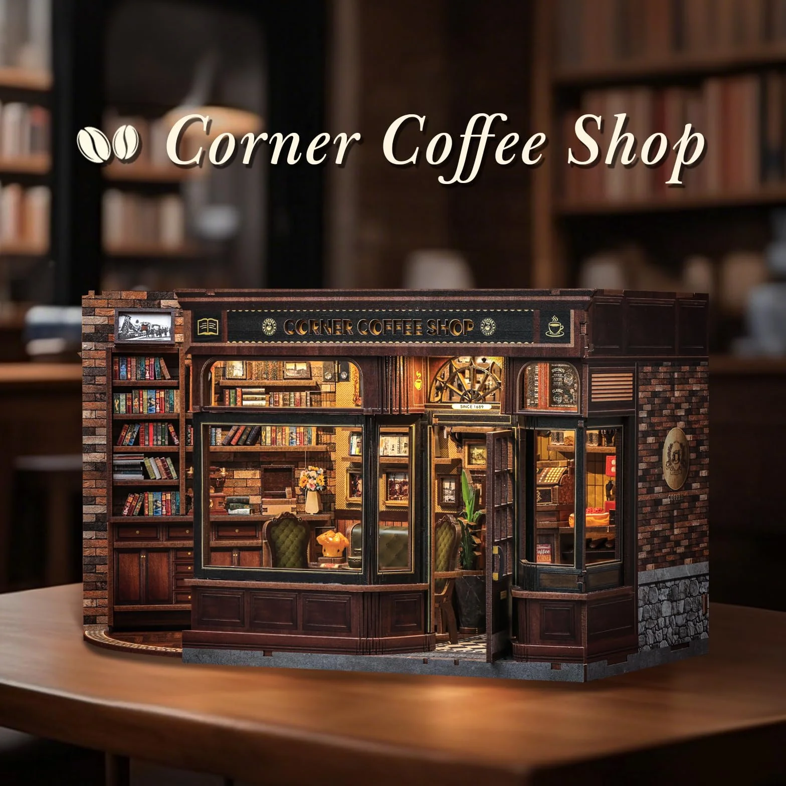 CUTEBEE Book Nook – Domek DIY drewniany z LED dla dorosłych, puzzle 3D, dekoracja na półkę z książkami, prezent (Corner Coffee Shop)