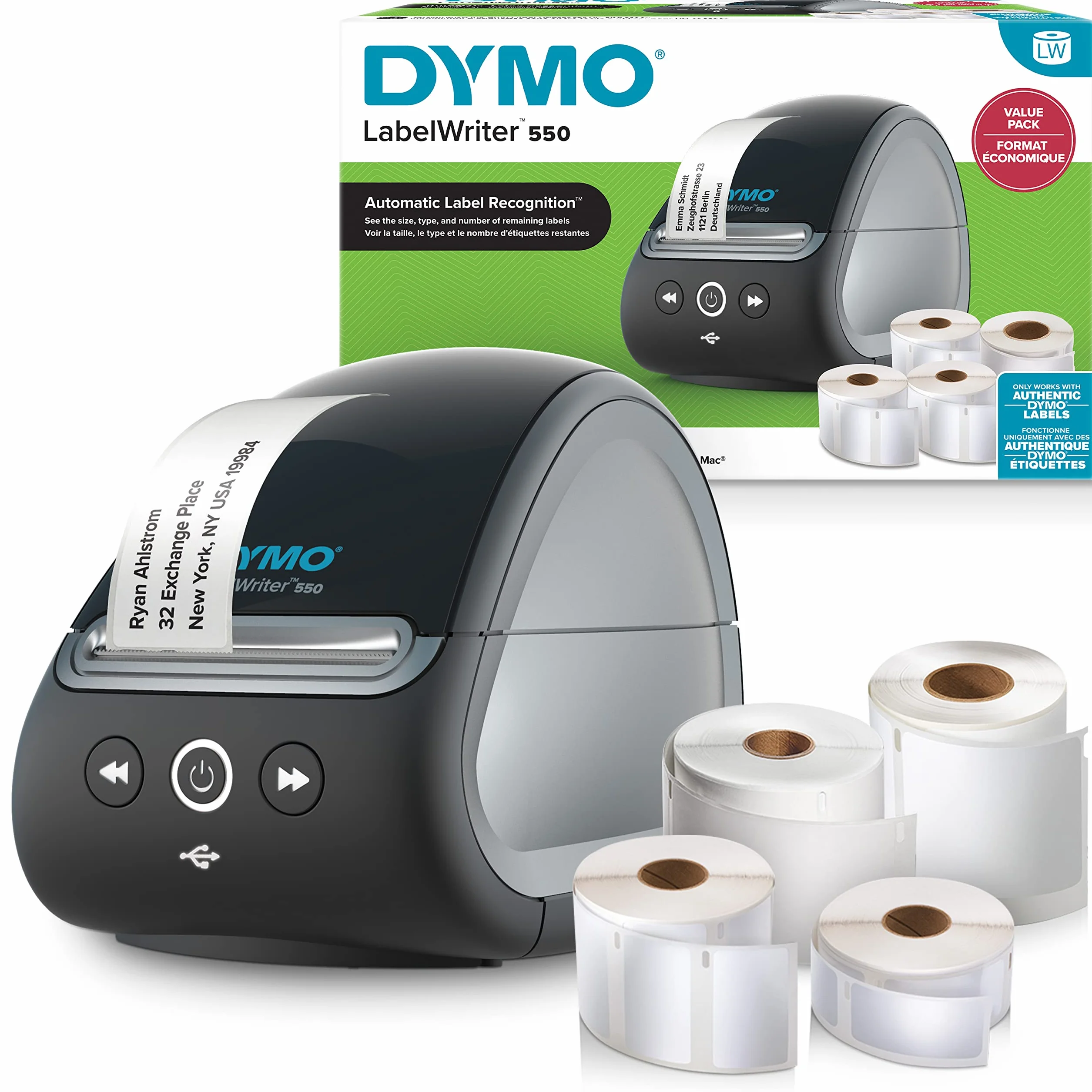 Drukarka etykiet DYMO LabelWriter 550 i etykiety | 2 x etykiety uniwersalne LW (łącznie 1320) | 1 x etykiety do identyfikatorów LW (300 w rolce) | 2-stykowa wtyczka UE