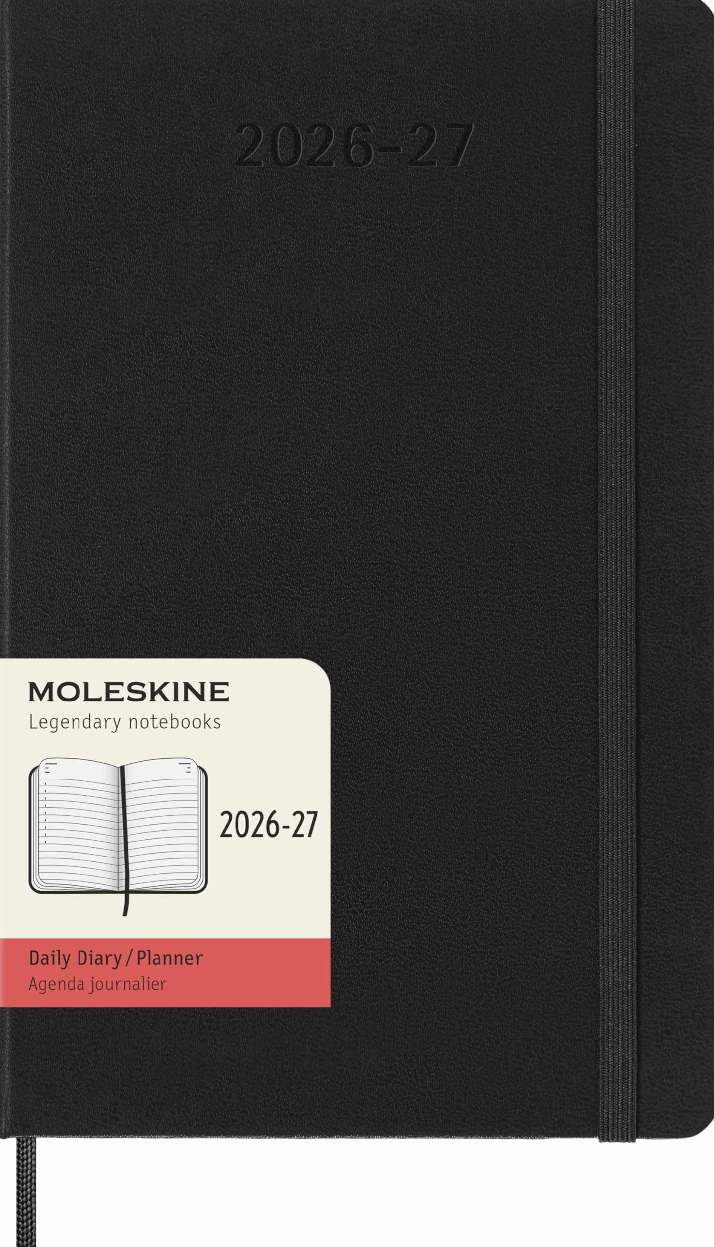 Moleskine Planer dzienny 2026 2027-18-miesięczny z twardą okładką i elastycznym zapięciem, kolor czarny, duży rozmiar 13 x 21 cm