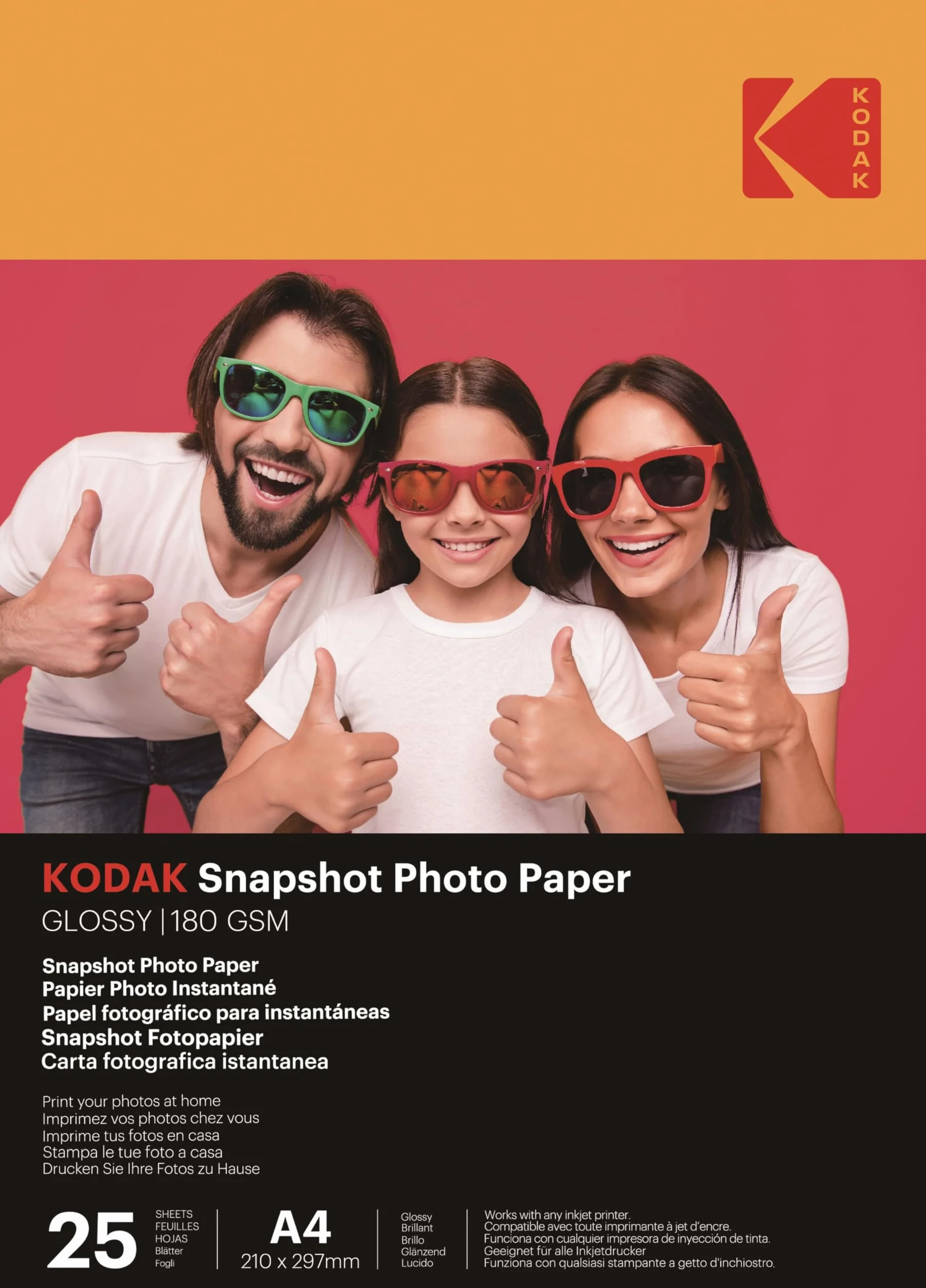 KODAK Instant Photo Paper - Opakowanie 25 arkuszy papieru fotograficznego - Format 21 x 29,7 cm (A4) - Wykończenie błyszczące - 180 gsm - Kompatybilny z drukarkami atramentowymi"