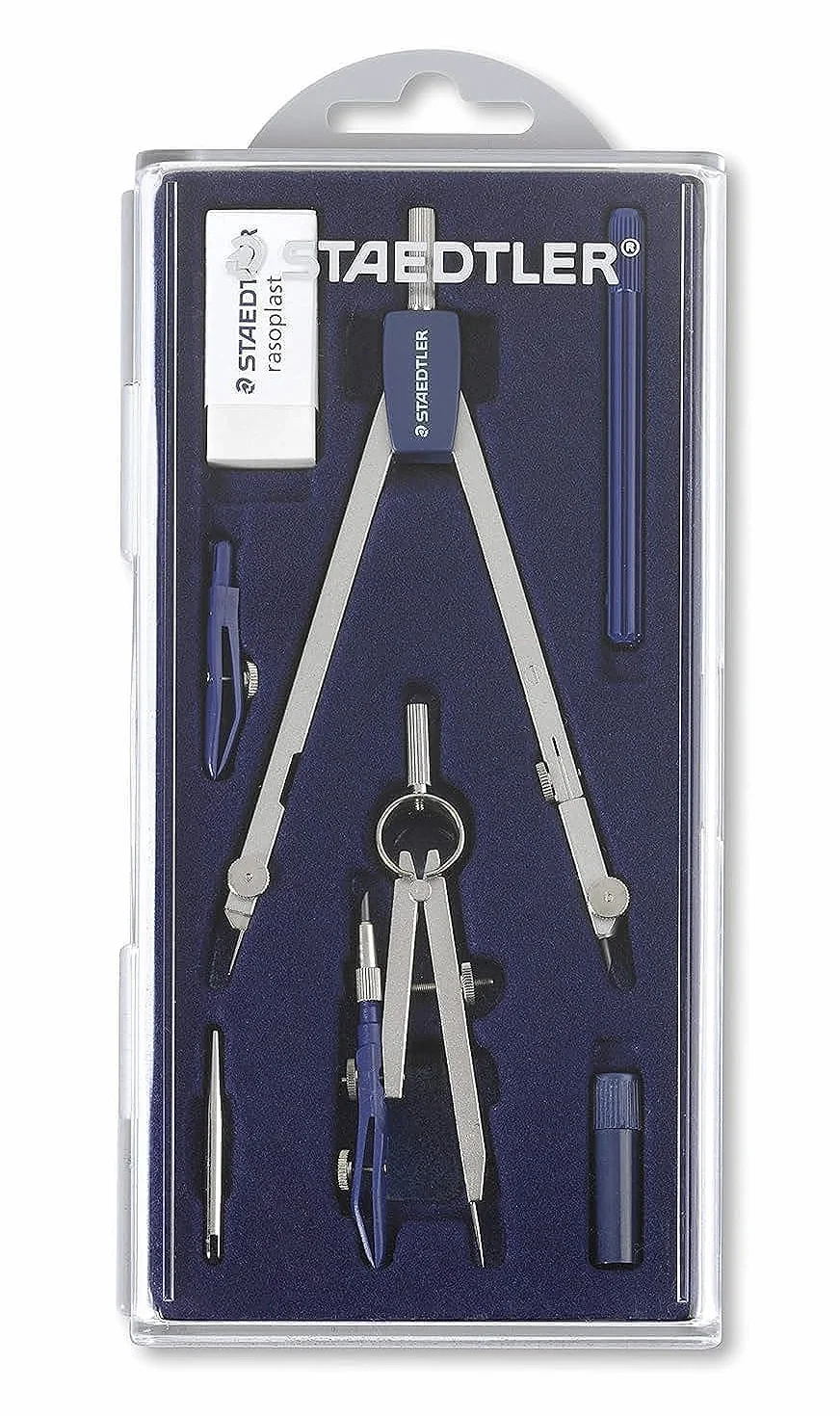 STAEDTLER 559 C07 ST zestaw cyrkieli (dokładne i precyzyjne, zginane ołowiane udo i szpilki, zestaw z mosiężnym cyrkielem i akcesoriami w etui z klapką)