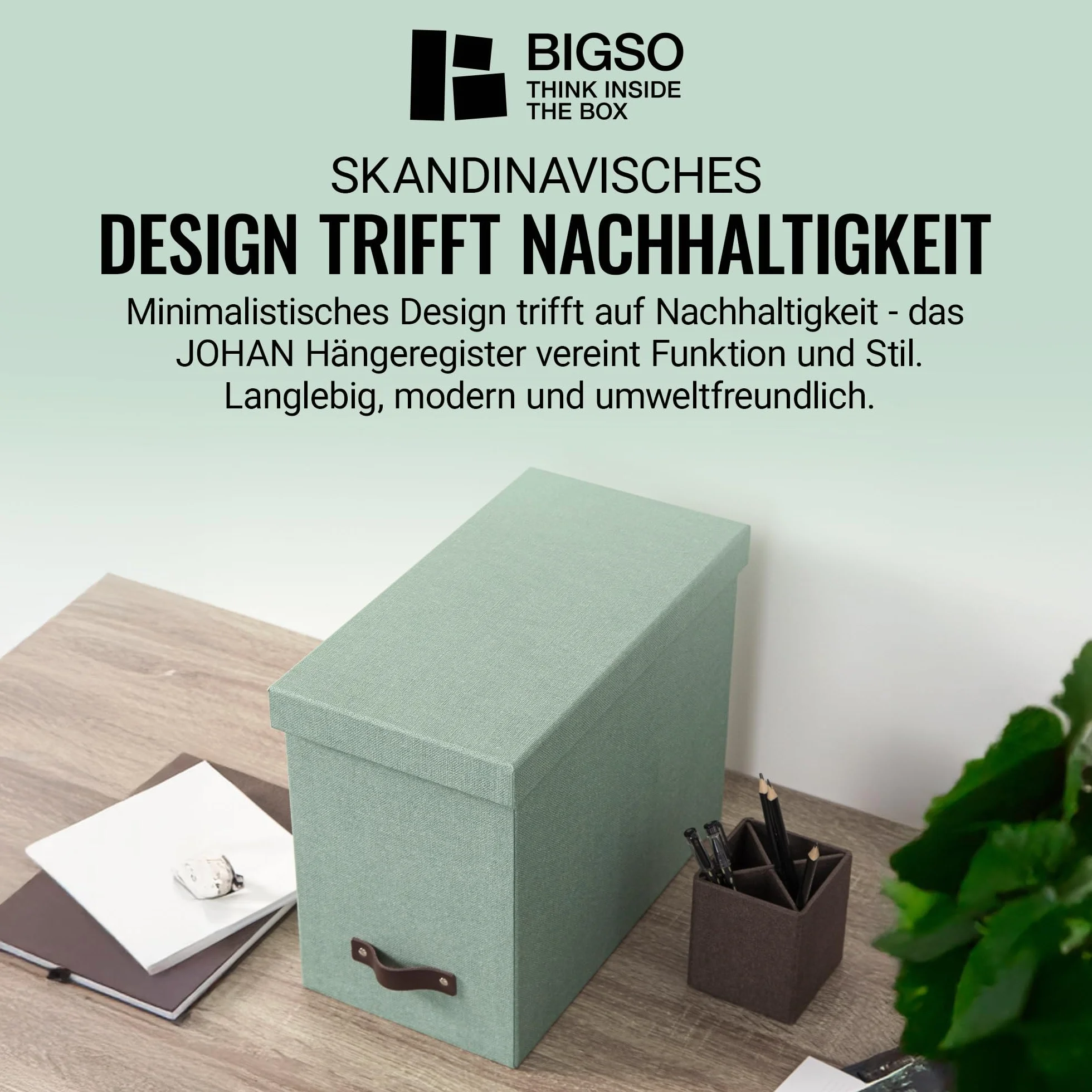 Bigso Box of Sweden JOHAN Pudełko z pokrywką – stylowe pudełko archiwalne z 8 zawieszanymi skoroszytami – pudełko na teczki wiszące z płyty pilśniowej i papieru o stylowym wyglądzie lnu, miętowa
