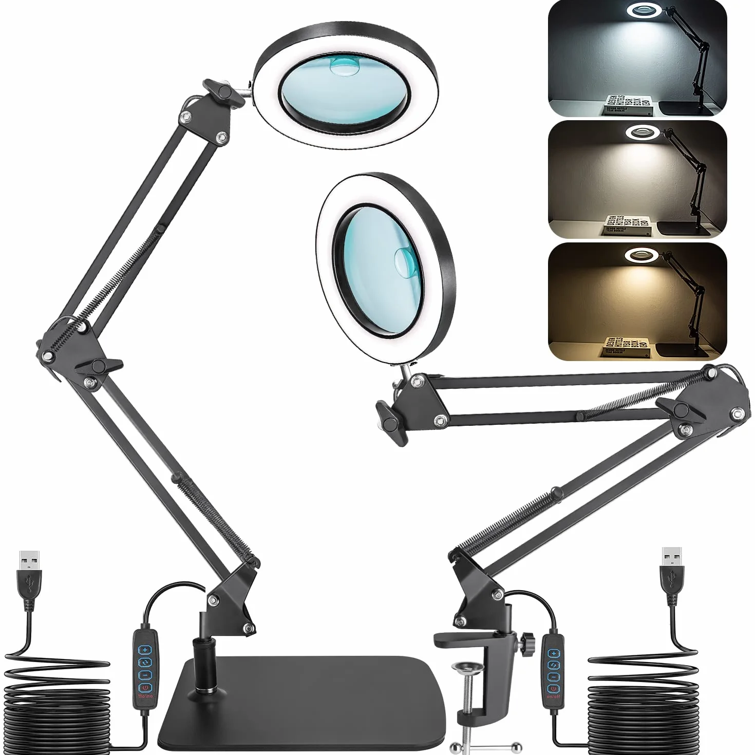 2 w 1 Lupa ze światłem i Stojakiem, Lampa Powiększająca LED 15X 10X z Zaciskiem i Podstawą, Lampa Biurkowa z Lupą z 3 Trybami Kolorów do Hobbystycznego Rzemiosła, Lampa LED do Czytania