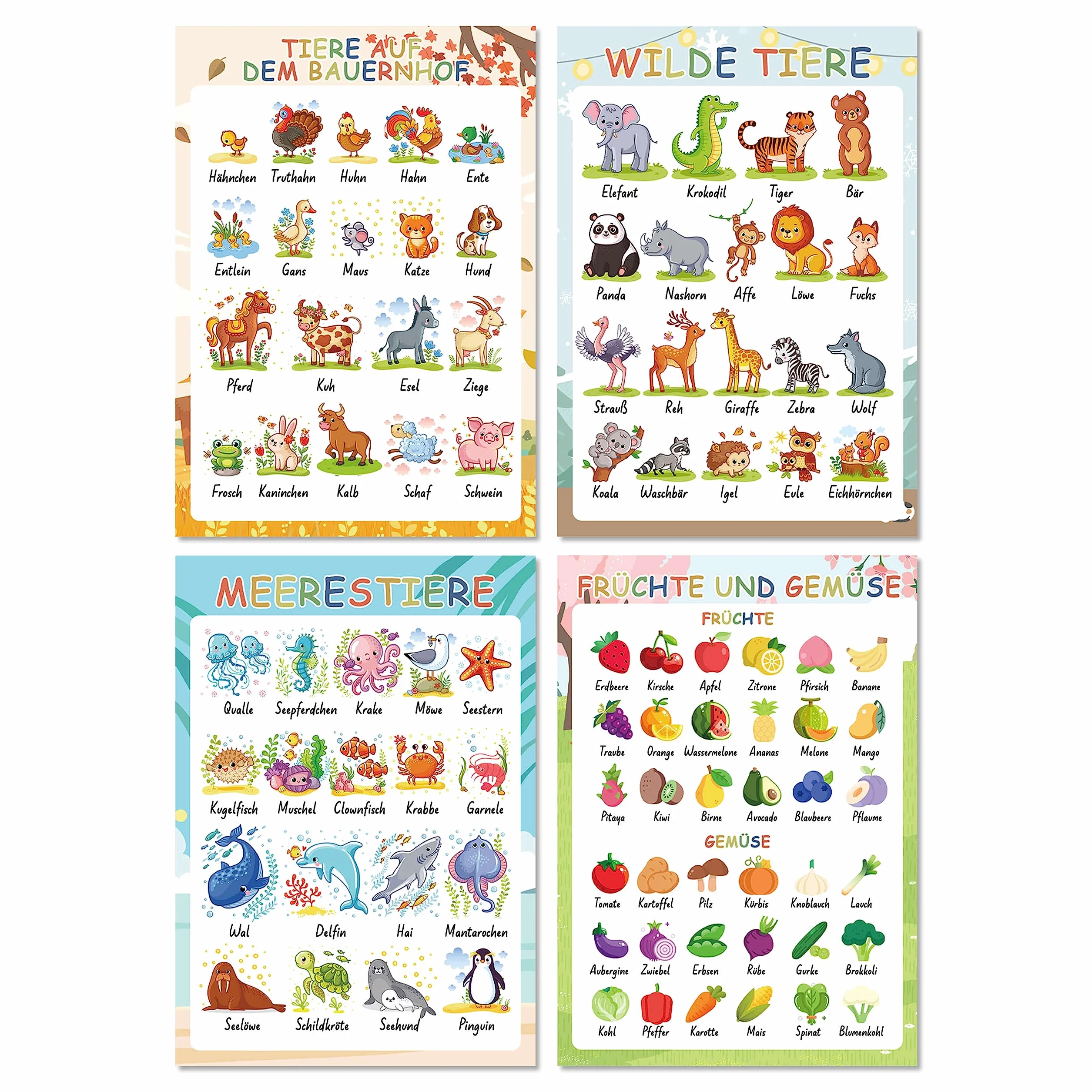 BIROYAL Montessori 16 Edukacyjnych Plakatów A4, ABC dla Dzieci, Gruby Papier Laminowany, Alfabet, Edukacyjny do Szkoły Podstawowej, Piktogramy
