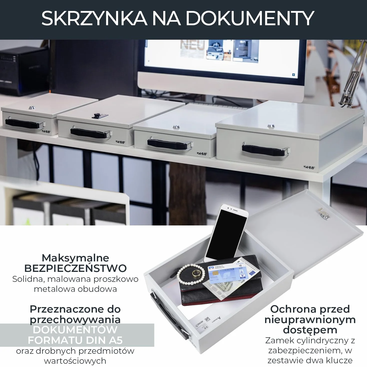 HMF 140-07 zamykana kaseta na dokumenty, format A5, wymiary 27 x 20,5 x 8 cm (szer. x gł. wys.), kolor jasnoszary