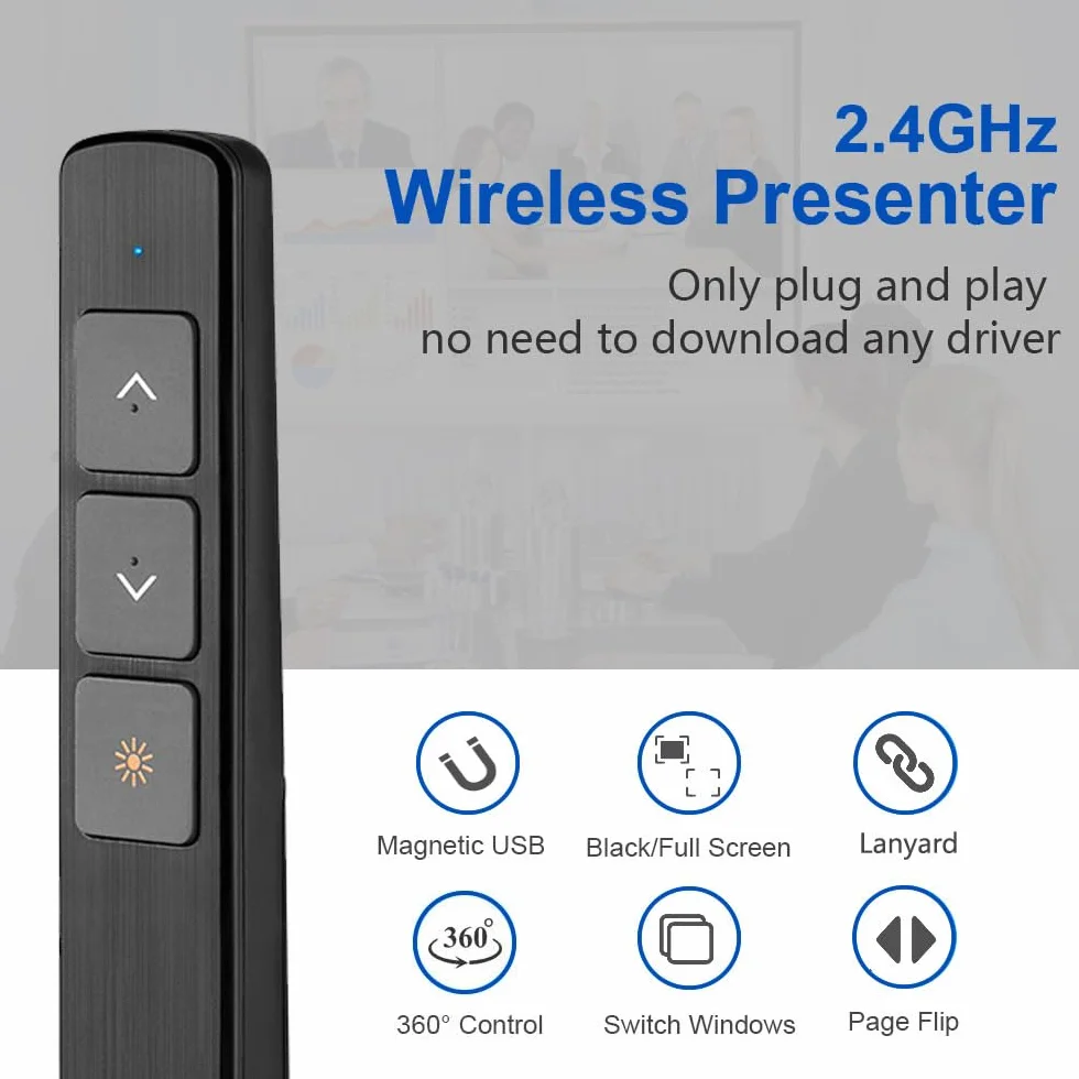 Kinizuxi Bezprzewodowy wskaźnik prezentacyjny do prezentacji ze smyczą, 100 m, prezentacja 2,4 GHz, bezprzewodowy pilot do prezentacji, do Windowsa, Maca, laptopa