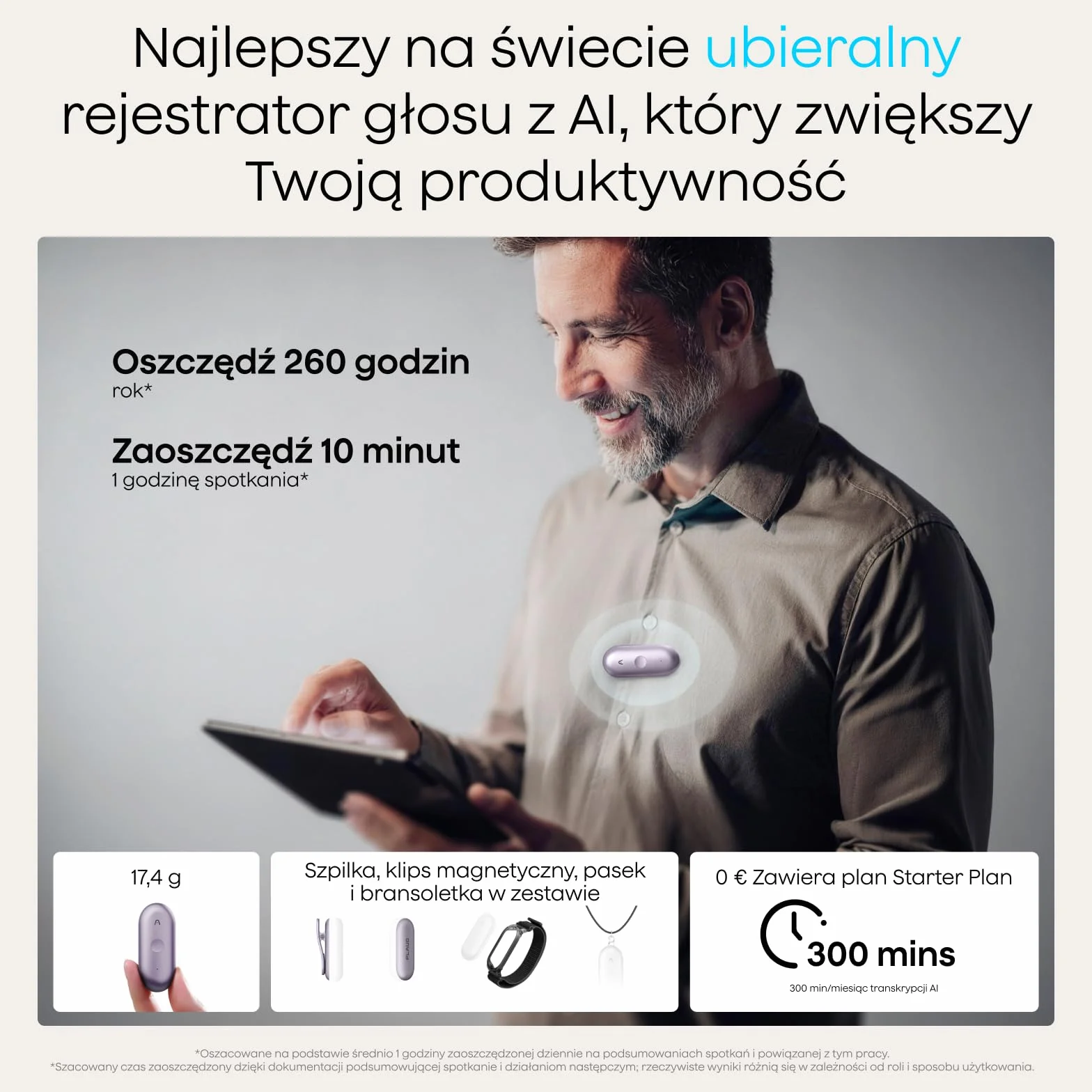 Plaud NotePin S Dyktafon AI z Dotykowym Przyciskiem Rejestrator Głosu AI Transkrypcja i Podsumowanie AI 112 Języków Pamięć 64 GB do Wykładów Spotkań Wywiadów i Zespołówz 4 Akcesoriami