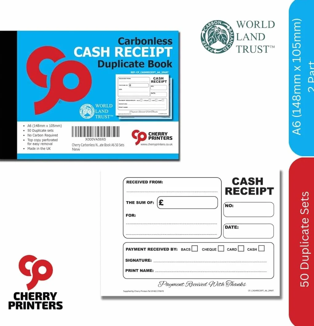 Cherry Carbonless Cash Receipt Book A6, 2-częściowy NCR, 50 zestawów, perforowany