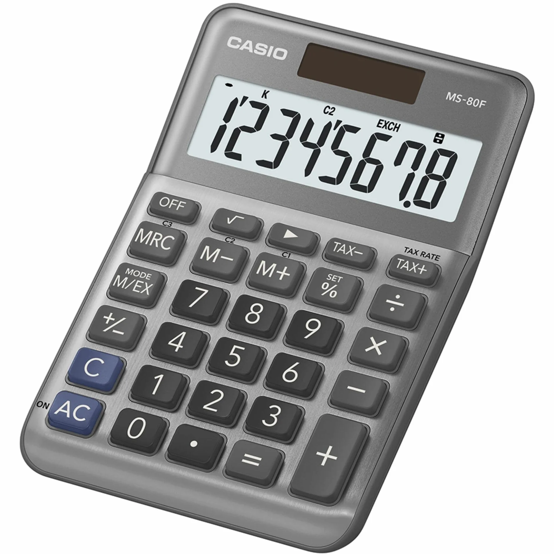 Casio Kalkulator biurkowy MS-80F, 8-cyfrowy, obliczenie podatku, pierwiastek kwadratowy, front aluminiowy, zmiana znaku, zasilanie energią słoneczną/bateryjną