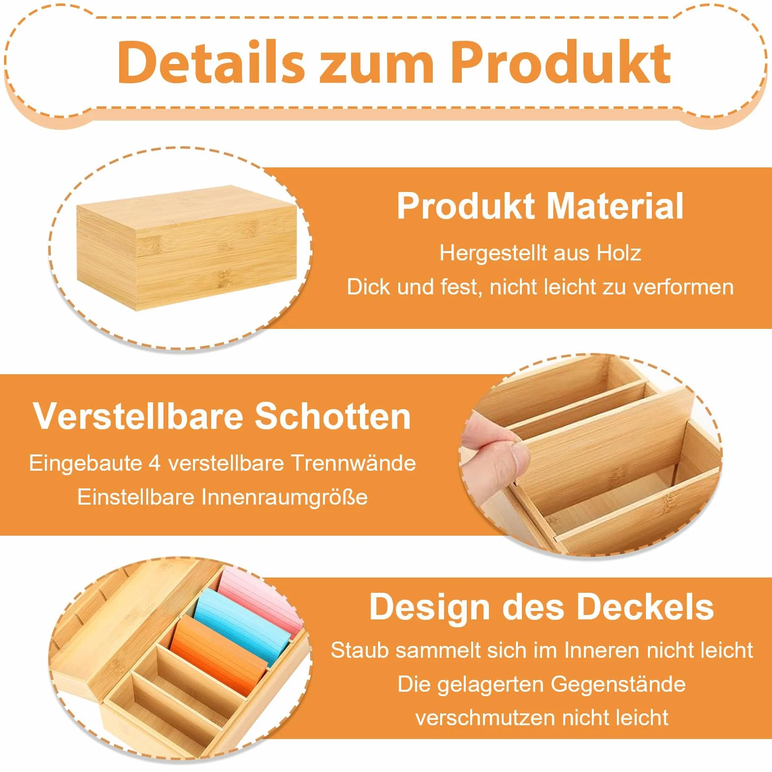 Drewniane pudełko na fiszki A7, 22 x 12,6 x 9 cm, drewniane pudełko na fiszki z pokrywką, drewniane pudełko na słownictwo z 4 wyjmowanymi ściankami działowymi i 400 karteczkami samoprzylepnymi, do