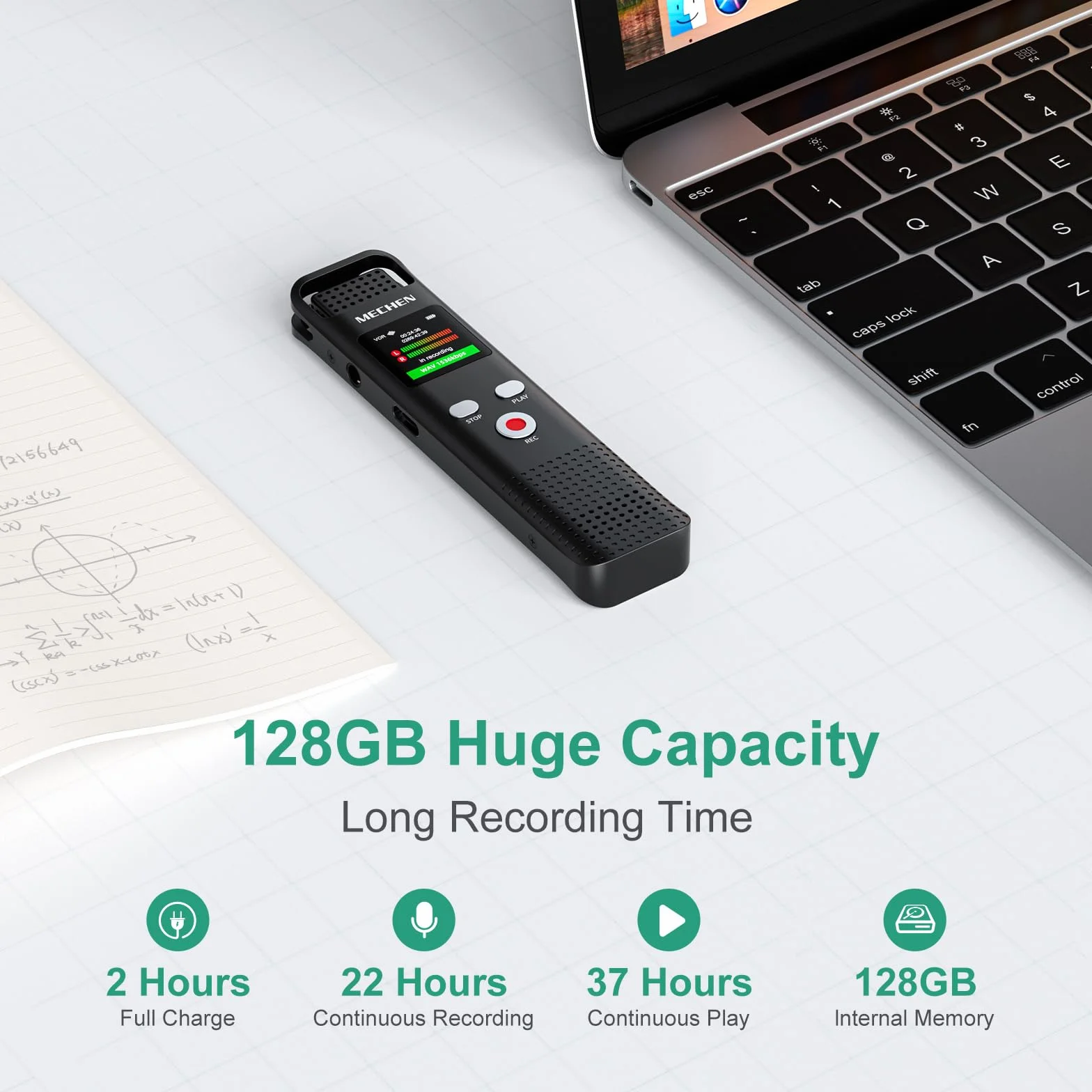 MECHEN Dyktafon 128 GB z funkcją rozpoznawania mowy, 1536 kbps urządzenie nagrywające z odtwarzaczem MP3, jakość dźwięku HD, redukcja szumów, dyktafon na spotkania