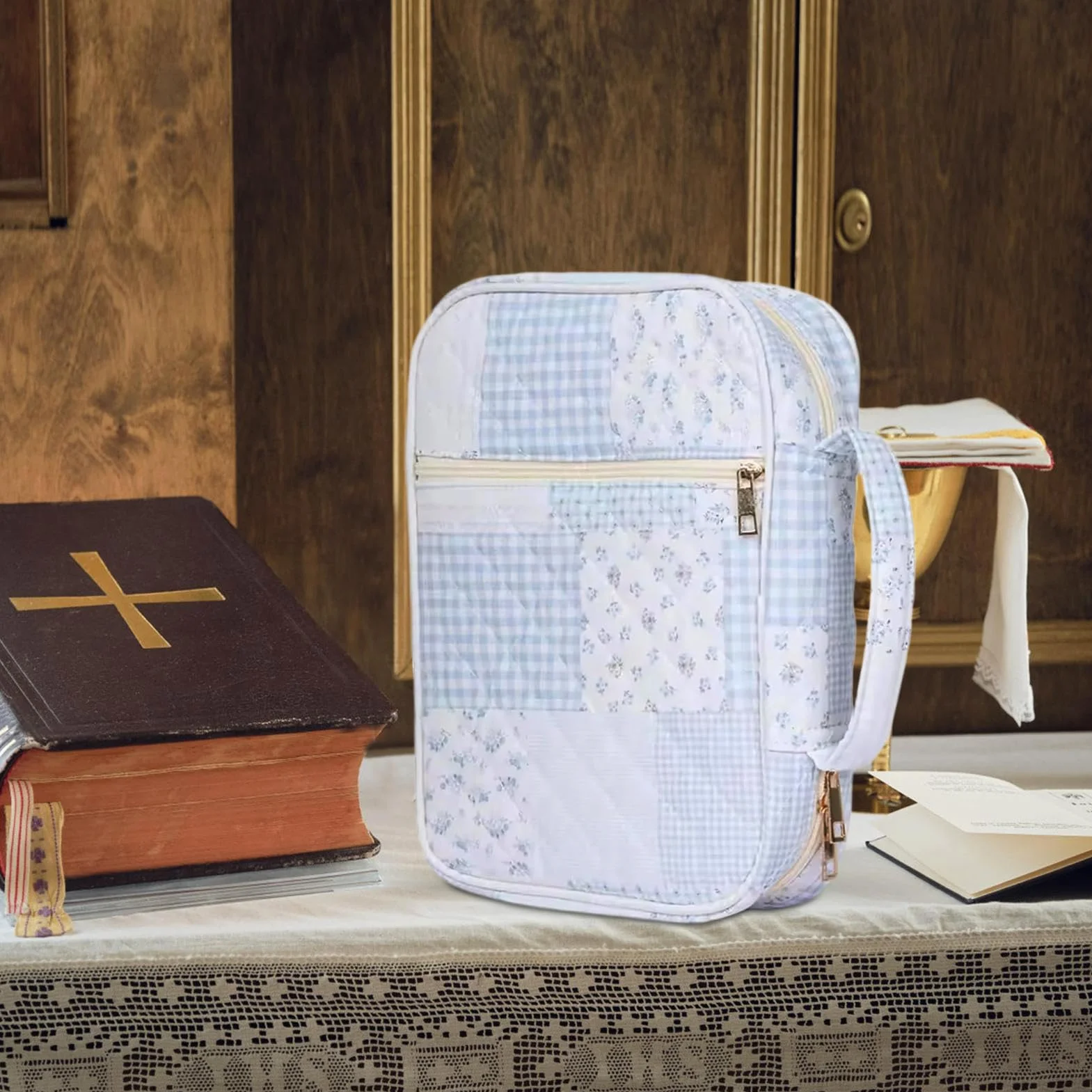 Etui na Biblię - Ochronny na książkę do codziennego noszenia Pisma Świętego, tkanina płócienna z zapięciem na zamek błyskawiczny, kieszenie do przechowywania uchwytów, przenośny organizer na