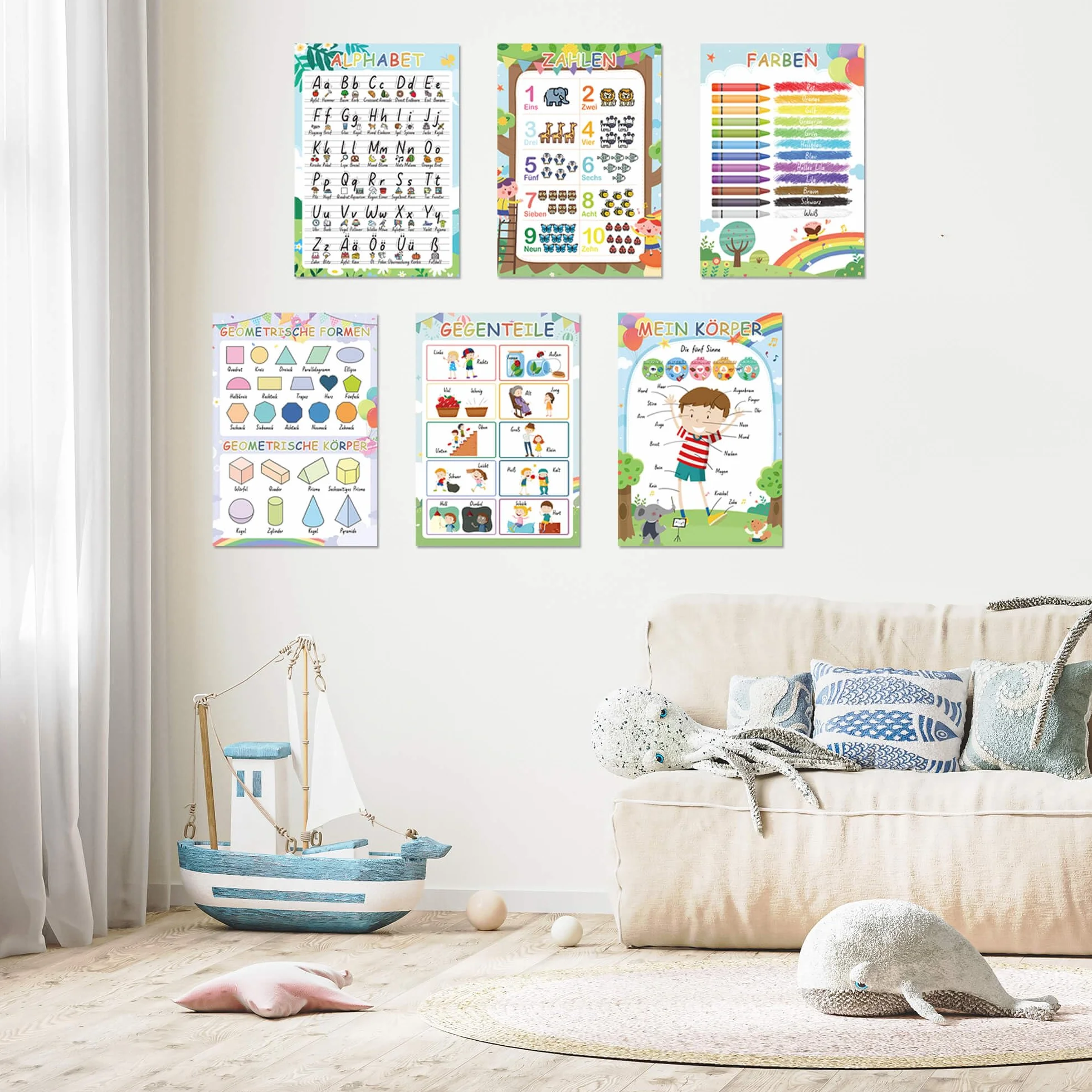 BIROYAL Montessori 16 Edukacyjnych Plakatów A4, ABC dla Dzieci, Gruby Papier Laminowany, Alfabet, Edukacyjny do Szkoły Podstawowej, Piktogramy
