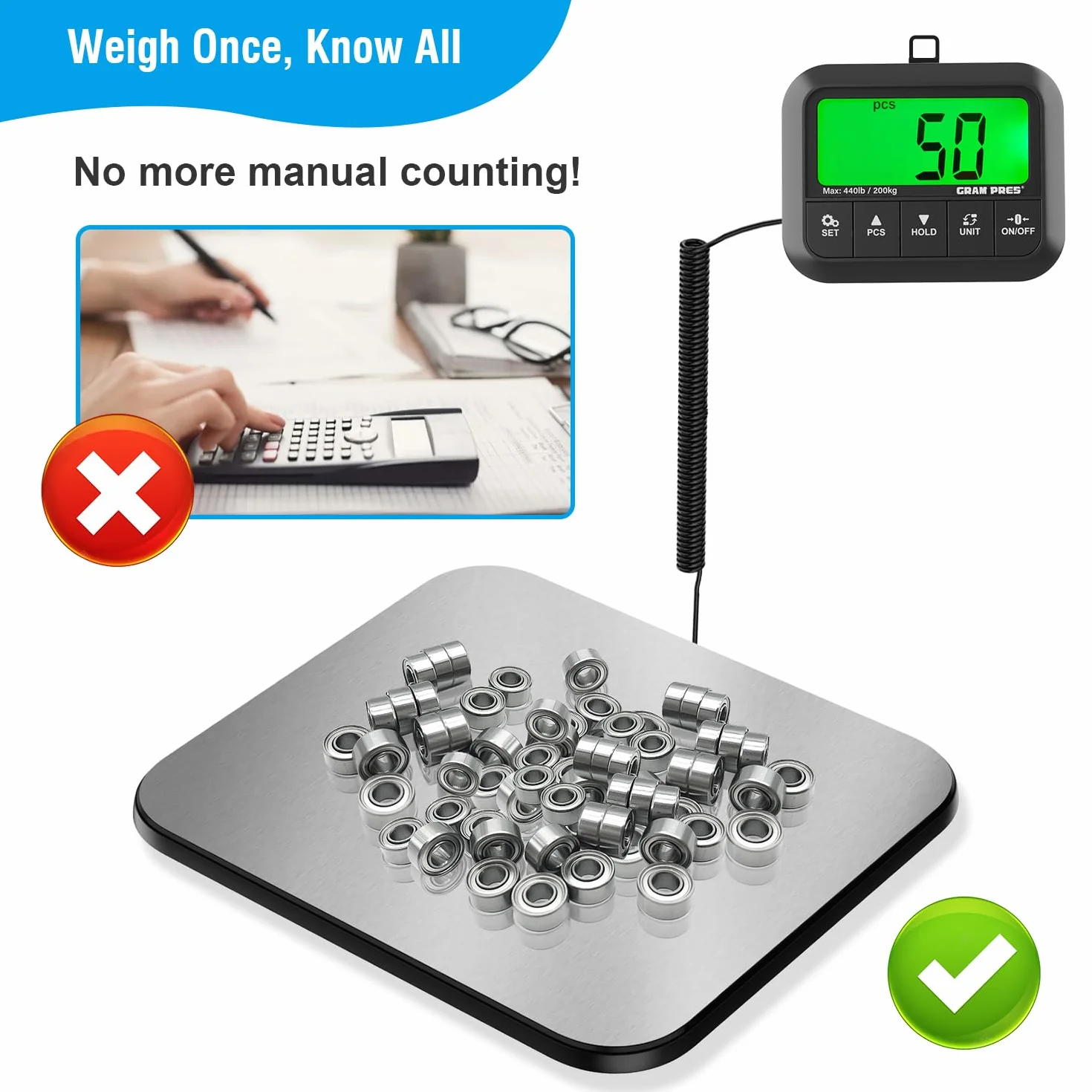 GRAM PRES Waga pocztowa cyfrowa 440 lbs/10 g LCD z uchwytem