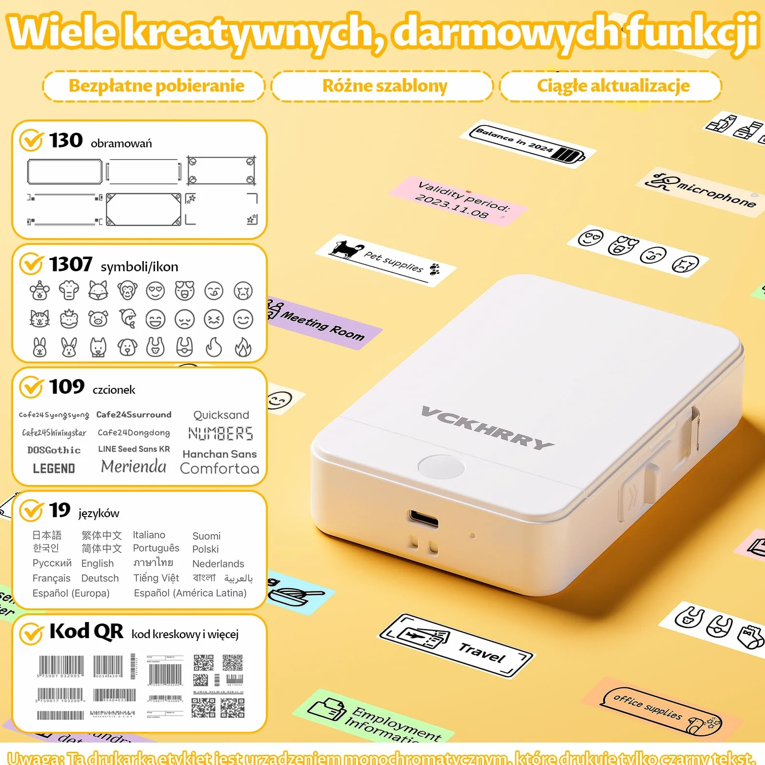 Drukarka etykiet Bluetooth Samoprzylepne urządzenie do etykietowania, przenośna drukarka etykiet dla systemów iOS i Android, termotransferowa do domu, biura, biała