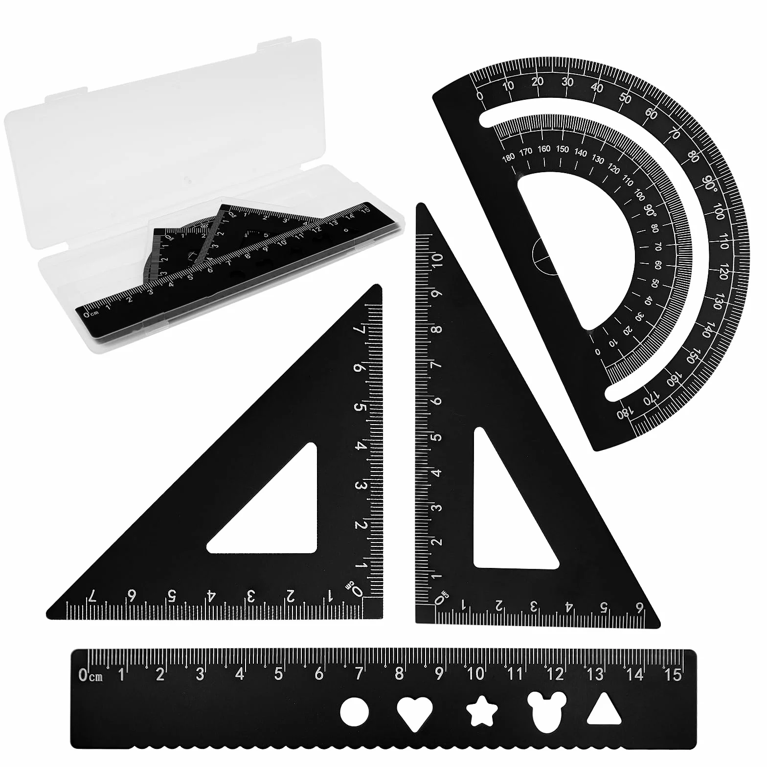 Zestaw 4 linijek ze stopu aluminium, kątomierz, trójkąt, architekt, linijka, zestaw linijek matematycznych, geometrycznych, dla uczniów, nauczycieli, inżynierów i rysowników (czarny)