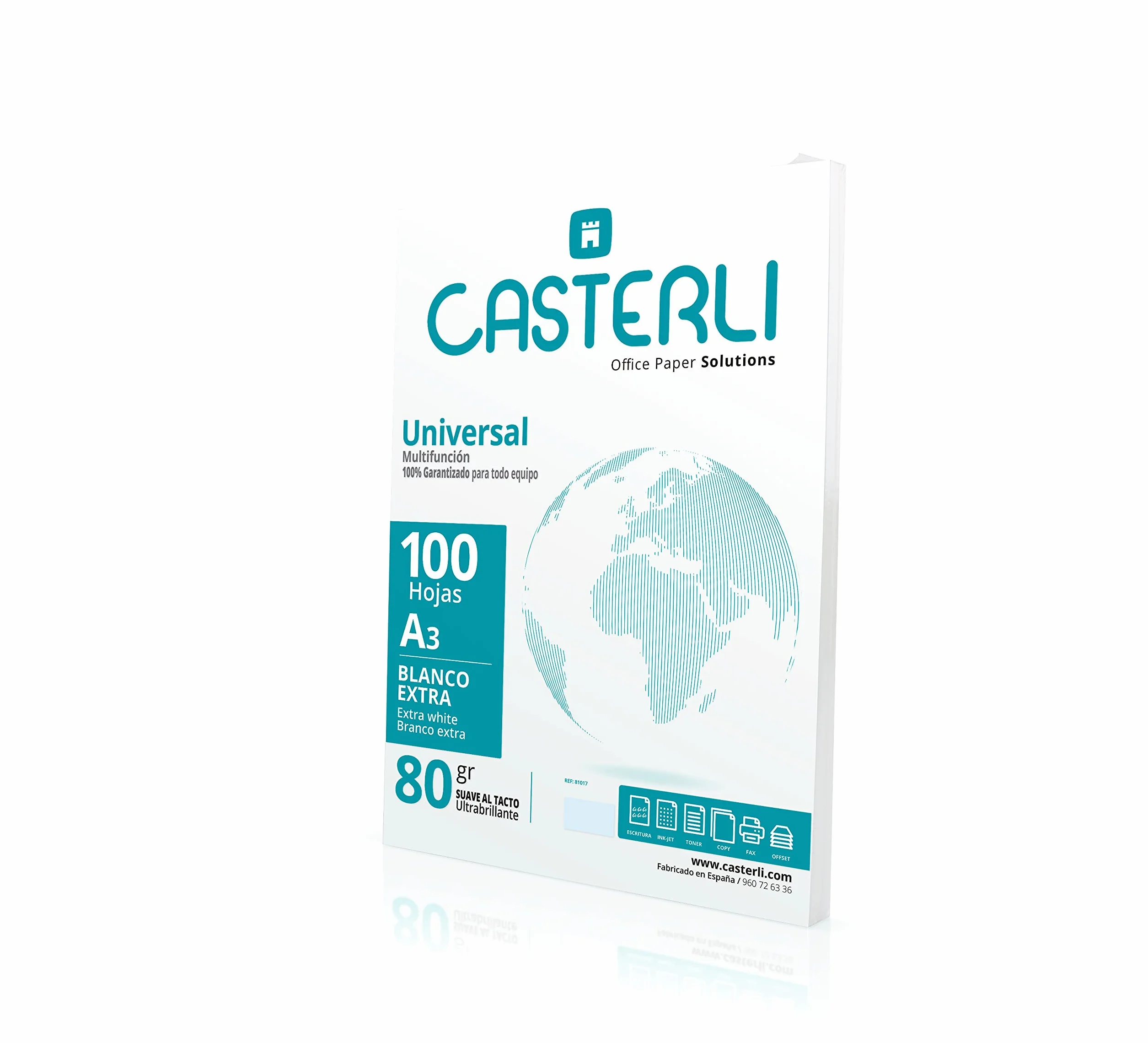 CASTERLI Papier A3, 100 białych arkuszy, rozmiar A3, 80 g/m², bardzo biały, papier uniwersalny do drukarki A3 80 g/m² (A3, 100 arkuszy)