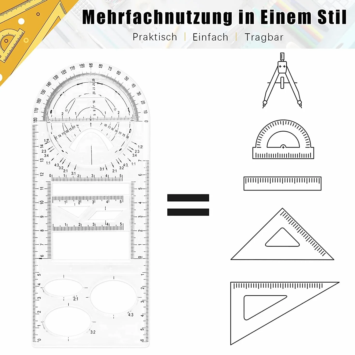 Zestaw 4 wielofunkcyjnych linijek geometrycznych, 2 metry trójkątne, 2 szablony okrągłe 360 stopni, geometryczny szablon do rysowania, narzędzie pomiarowe