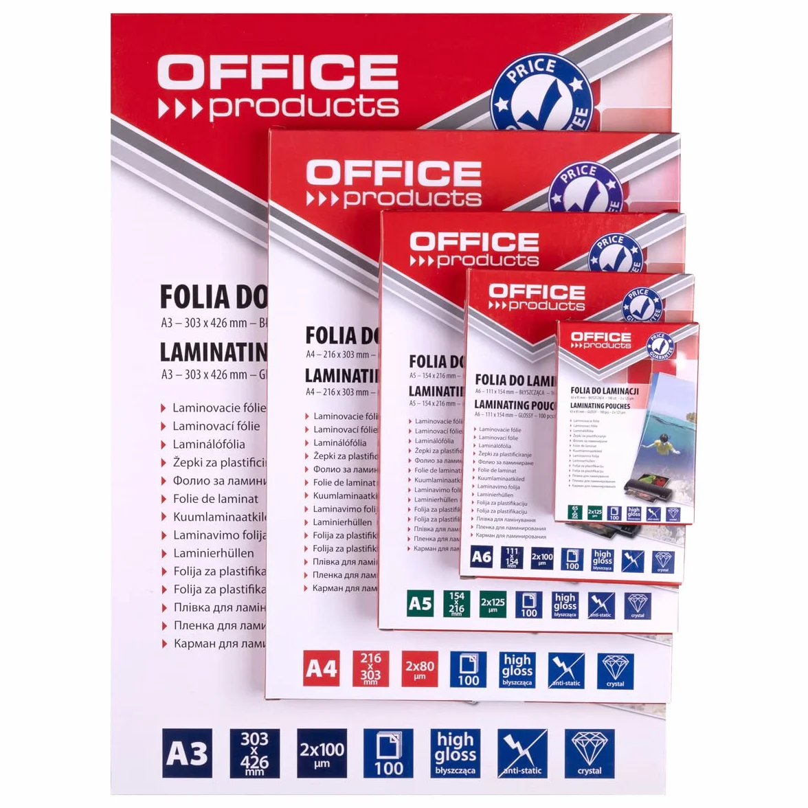 Folia do Laminowania OFFICE PRODUCTS A4 2x125mikr Błyszcząca 100szt Transparentna/Prezentacja/Typ-do Laminowania/Rodzaj-Błyszcząca/Materiał-Plastik/Kolor-Transparentny/Grubość (mm)-2x125µm