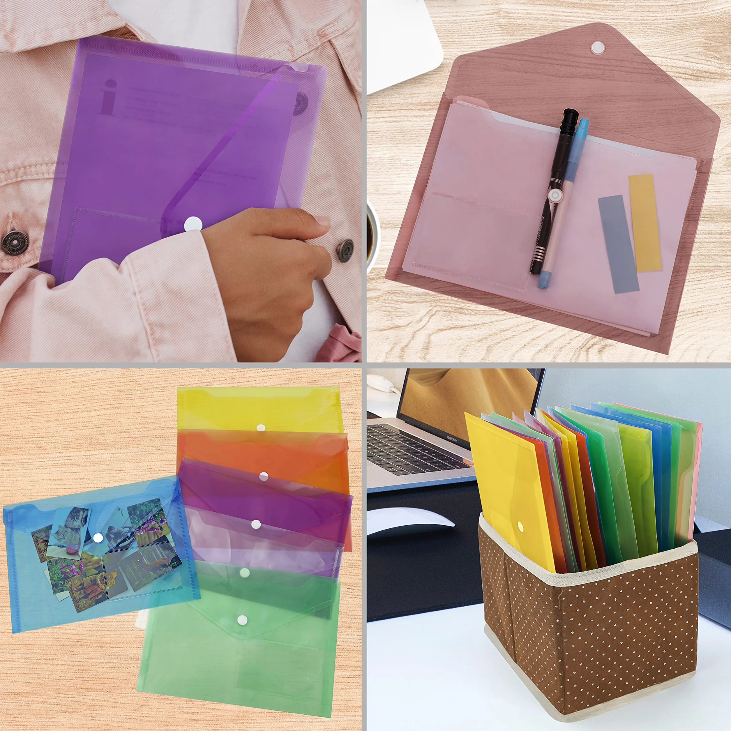 Belle Vous Zestaw 24 kolorowych plastikowych pudełek na dokumenty w formacie A5, z zapięciem na zatrzask i etui na karty, etui do przechowywania domu, biura i szkoły, plastikowa torba A5 na dokumenty