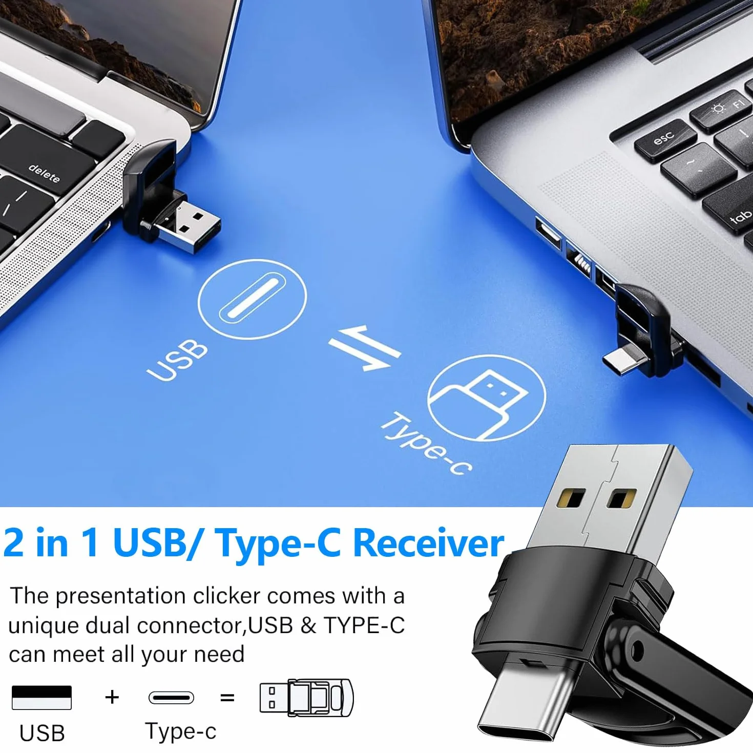 2-w-1 Kliker prezentacyjny typu USB C do prezentacji PowerPoint, 2.4GHz bezprzewodowy pilot prezentacyjny kliker wskaźnik slajdów PPT klikacz do komputera Mac Laptopa