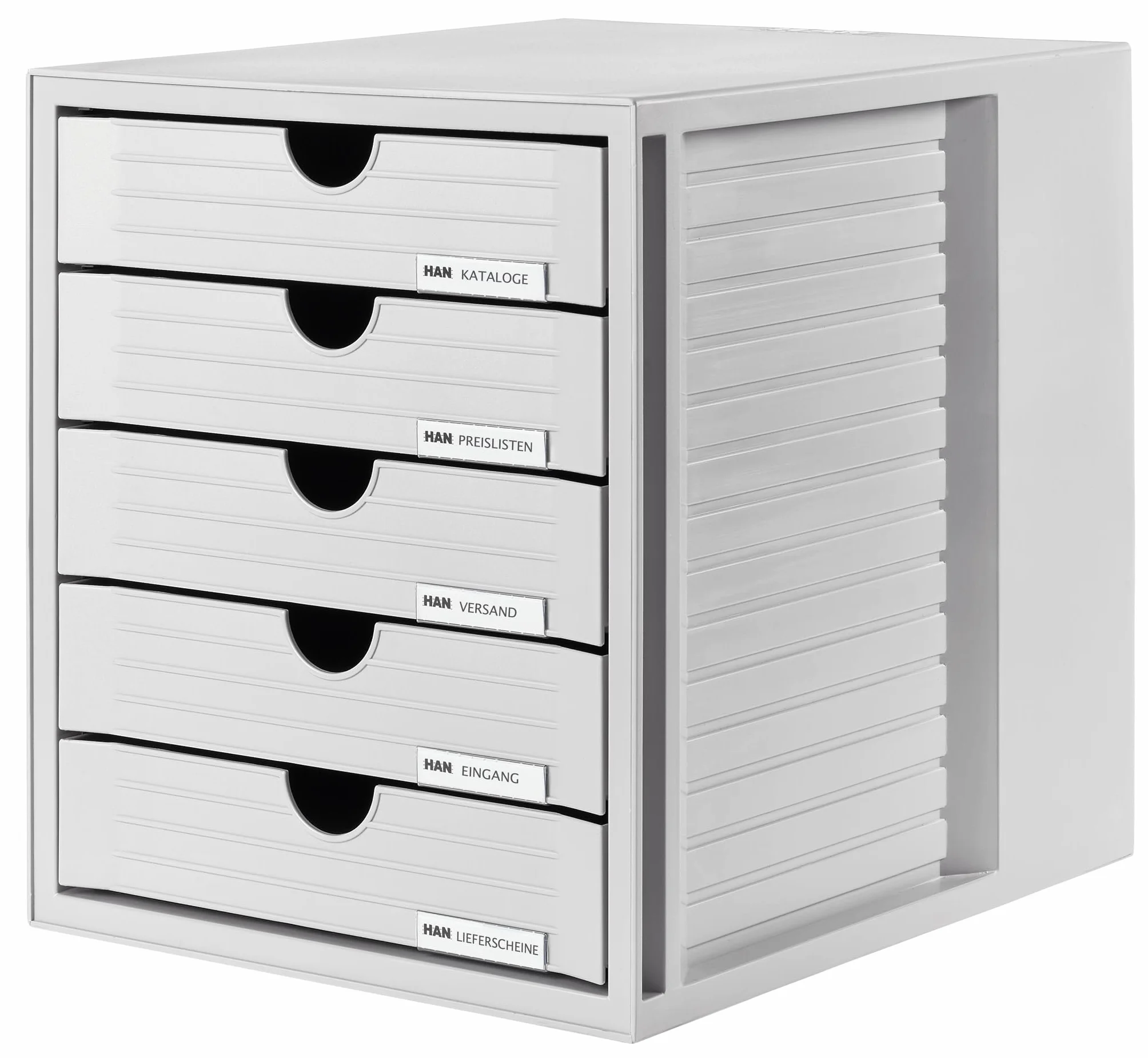 HAN System box z 5 zamkniętymi szufladami na dokumenty do DIN C4, biurko lub w szafie, w zestawie blokada wysuwu + klips do opisania, gumowe nóżki chroniące meble, 1450-11, jasnoszary