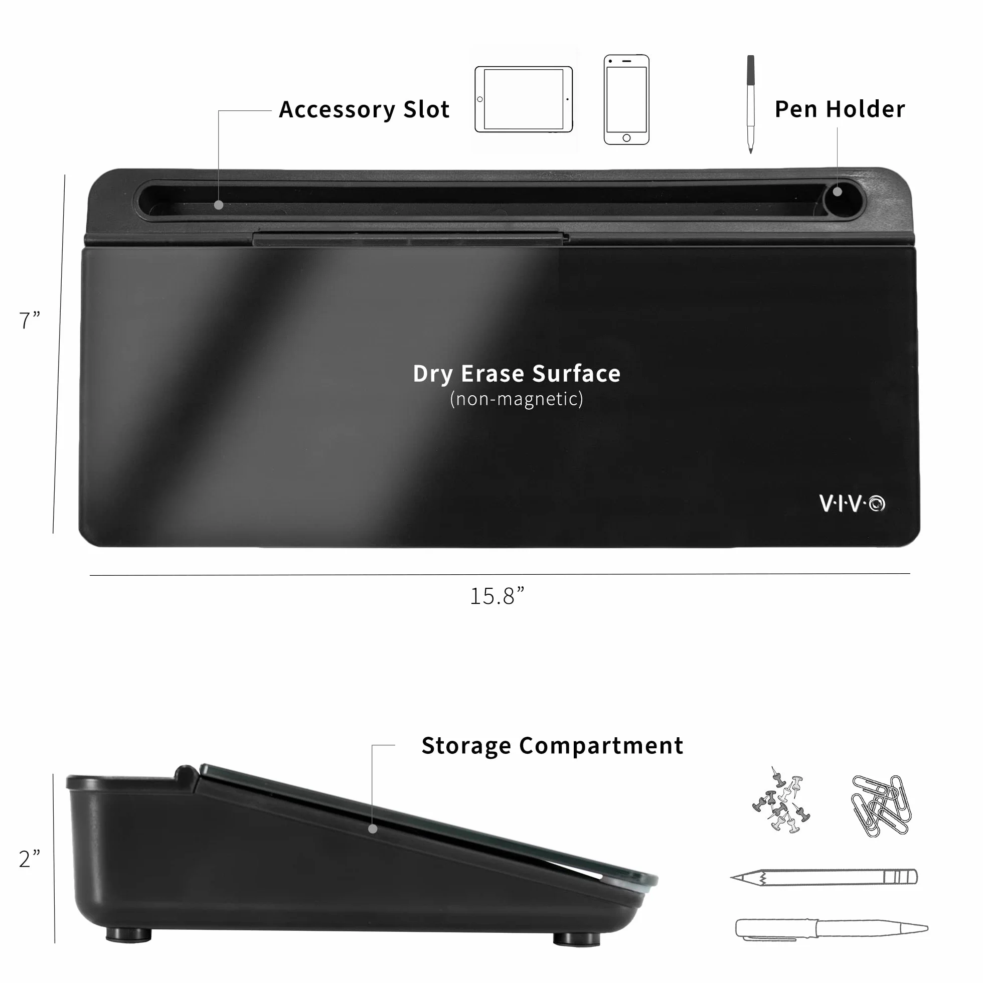 Vivo DESK-WB16B szklana tablica suchościeralna 40 x 18 cm organizer na biurko czarna