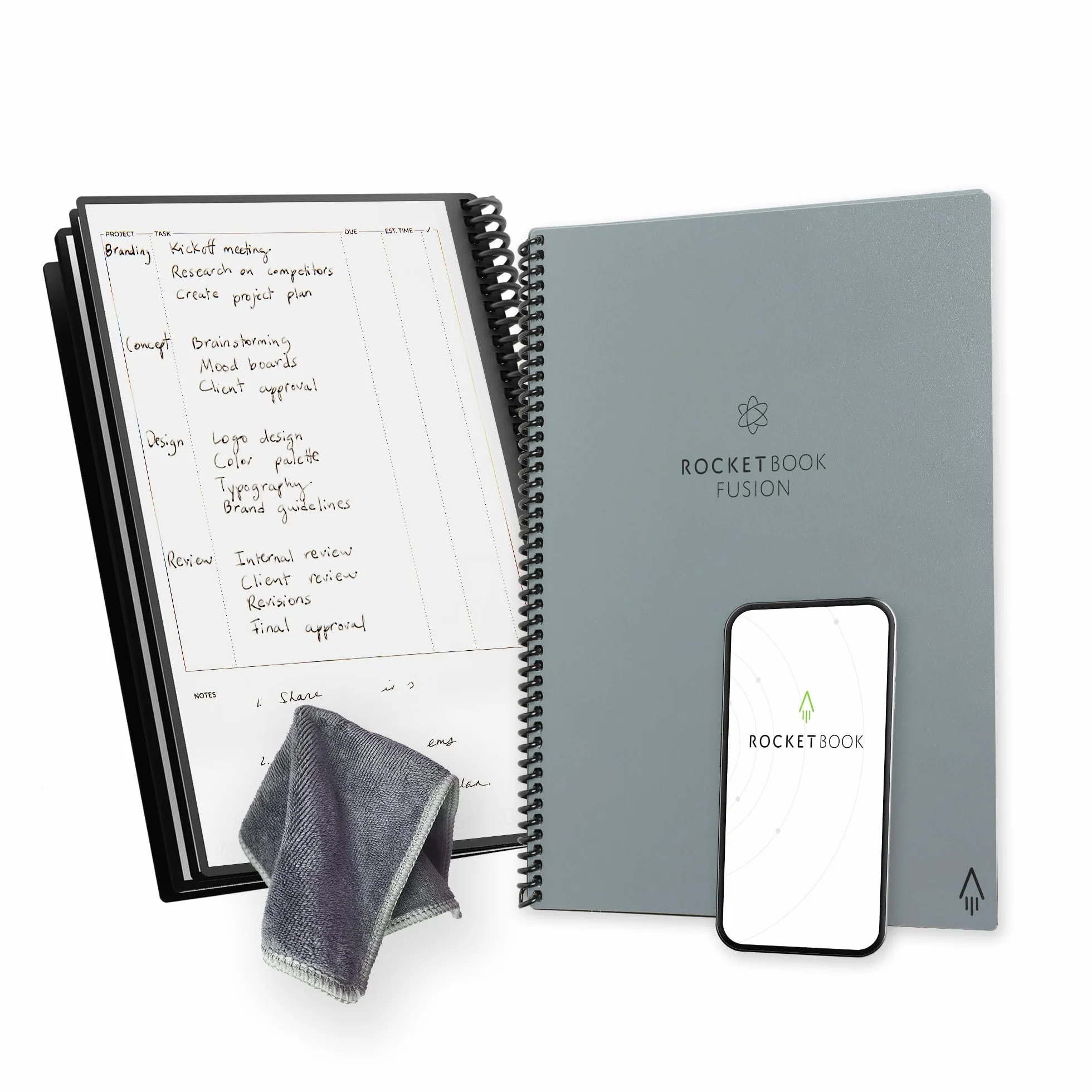 Rocketbook Fusion Agenda wielokrotnego użytku, rozmiar litery 21 cm x 29,7 cm, szary - obiektywy, kalendarz miesięczny i tygodniowy, codzienne listy do zrobienia, strony w linie i kropki