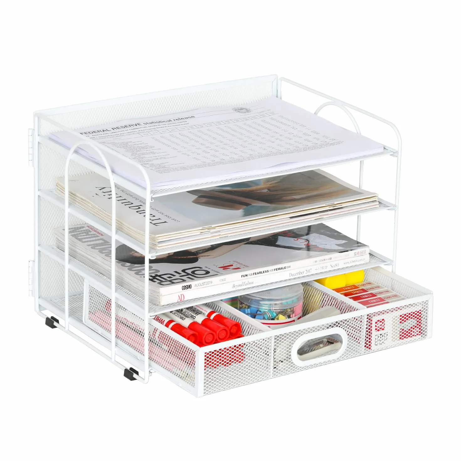 EasyPAG Organizer na Biurko A4 4 Przedziały Metal Siatka,Taca na Czasopisma,Półka na Listy,Stojak na Dokumenty z Szuflada do Domu & Biura,Biały
