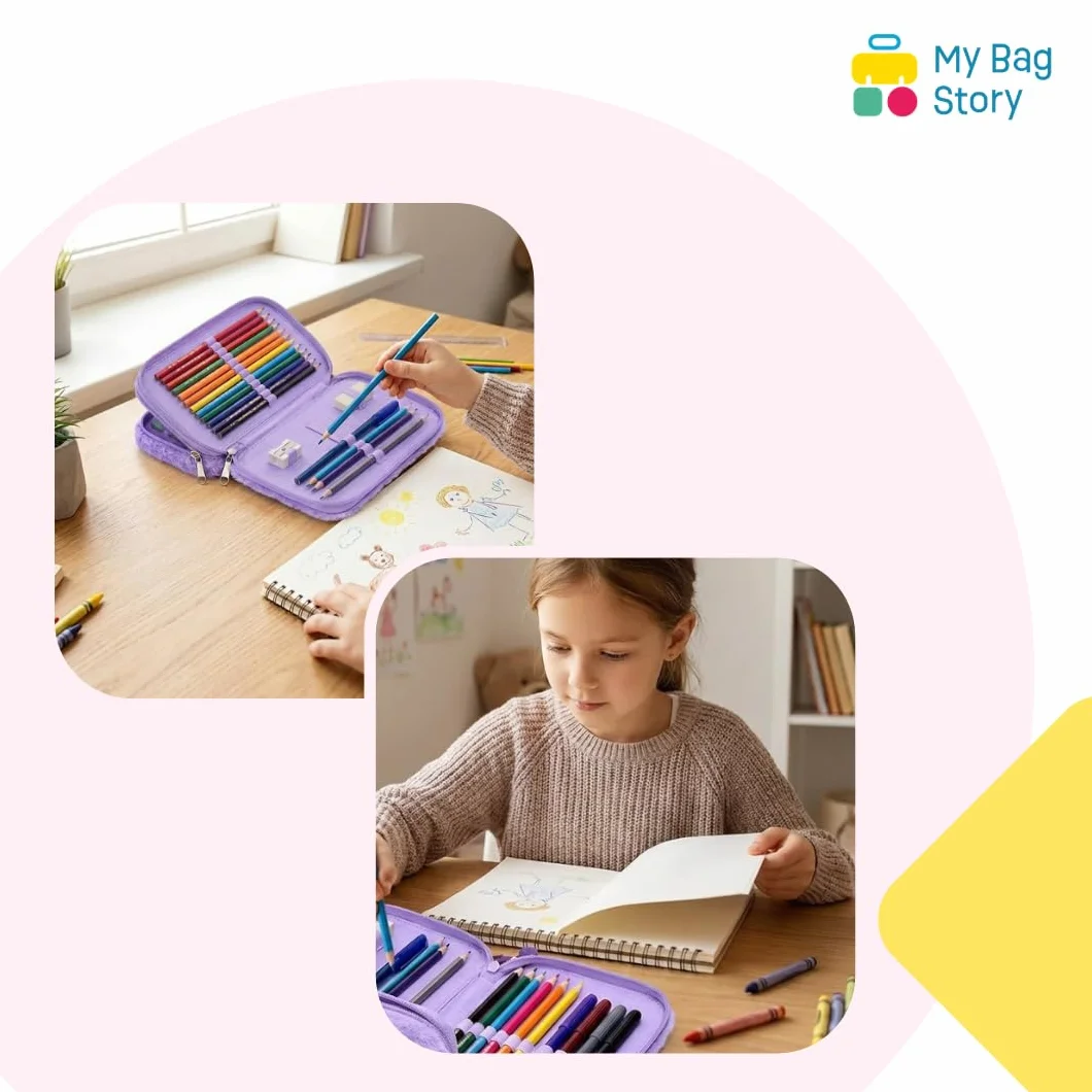 mybagstory | Pluszowy piórnik Kuromi z 2 przegródkami | Kompletny zestaw szkolny 28 akcesoriów do kolorowania, miękki fioletowy kawaii design dla dziewczynek i fanów Sanrio | Wymiary 12x20x4 cm