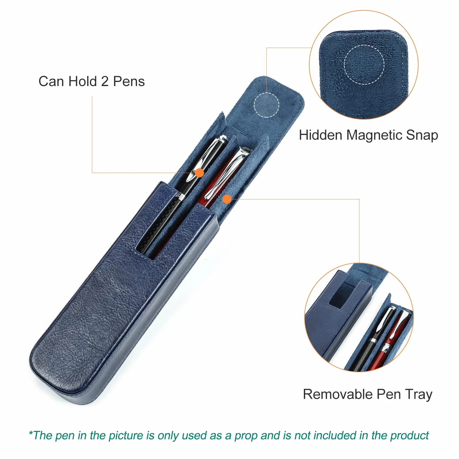 Skóra garbowana roślinnie Piórnik z ukrytym magnetycznym zamknięciem, NIEBIESKI, For 2 Pens, Organizer do torby