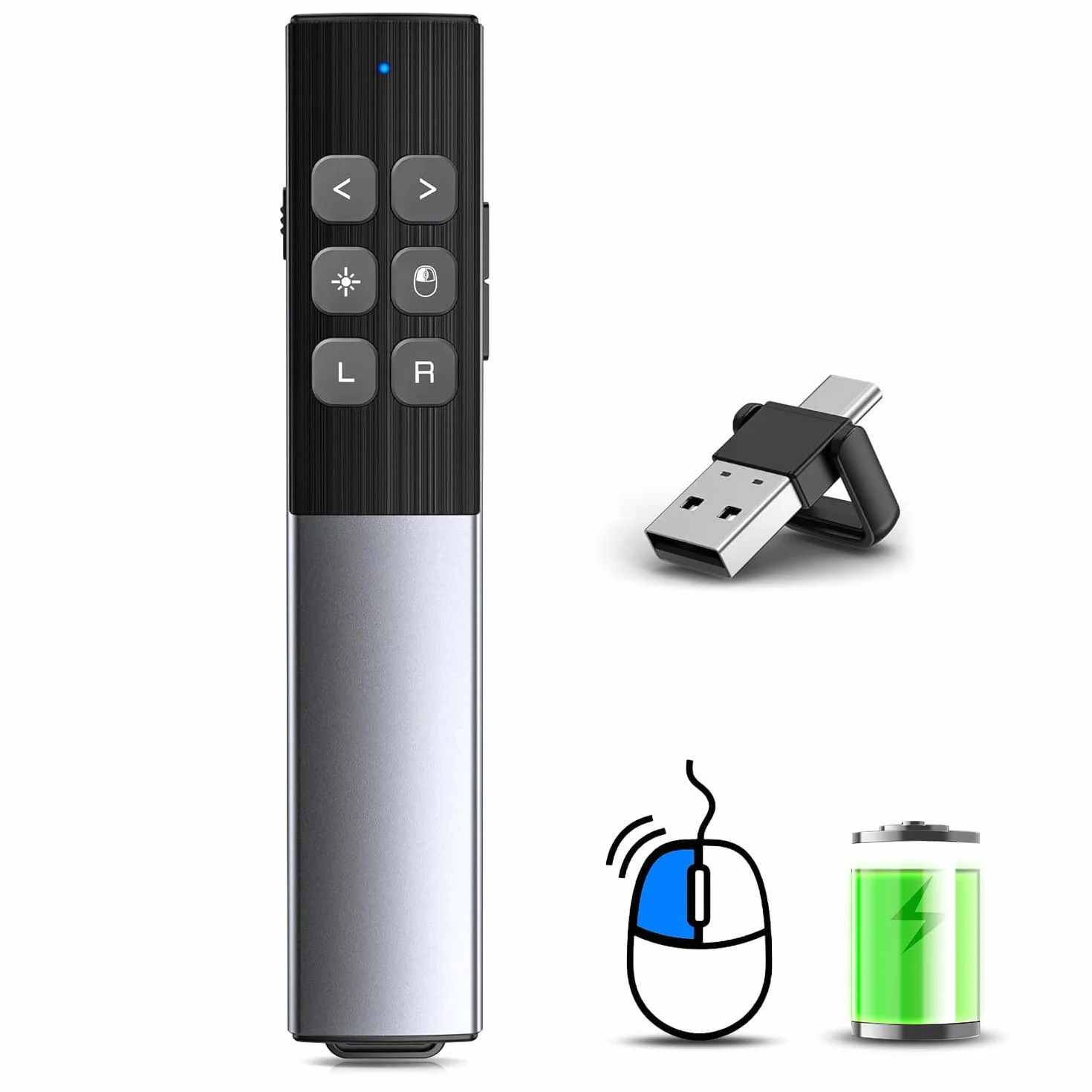 Metalowa obudowa bezprzewodowa do prezentacji z mousem, USB typu C 2 w 1, możliwość ponownego ładowania, pilot zdalnego sterowania, wskaźnik do komputerów Mac, Keynote, PPT, PC, laptopa, biura