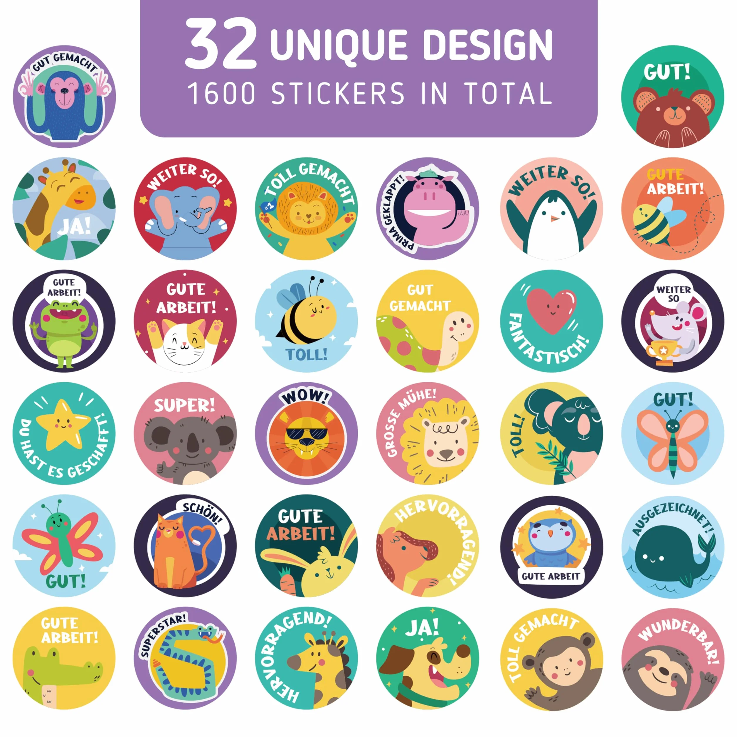 1600 sztuk naklejek motywacyjnych dla dzieci, 25 mm, 32 wzory, samoprzylepne naklejki nagrody, niemieckie naklejki nagrody Reward Stickers naklejki na zwierzęta w zoo na artykuły dla nauczycieli