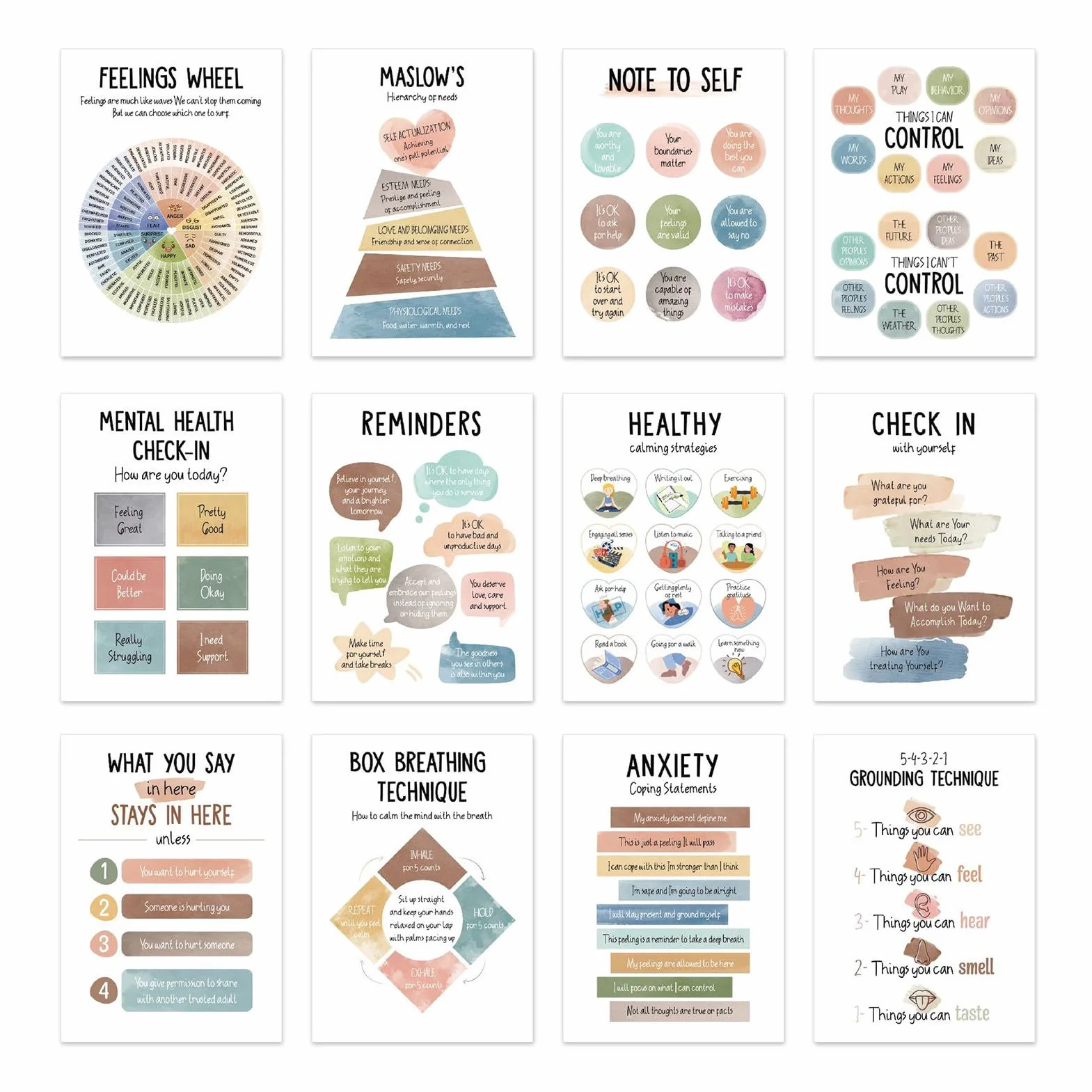 Mental Health Posters, Emotional Regulation Tools, Calming Corner Decorations, Visual Learning Aid, Ideal for Behavior Support, Size 10.04x13.98 Inches, Multicolor, 15 Pieces